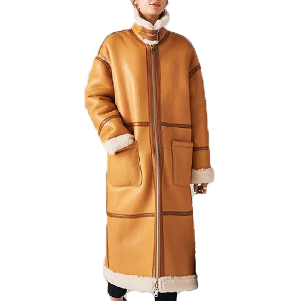Denny & Dora Women's Shearling Bomber Jacket - Long Style Leather Overcoat with Faux Fur Lining | Winter Warm Coat for Women in Khaki | Perfect for Cold Weather, Outdoor Activities & Fashion Layering