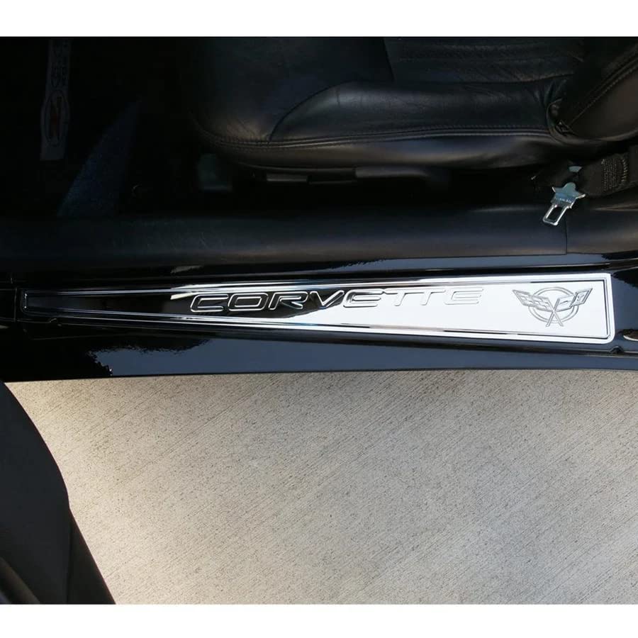 Corvette C5 & Z06 Billet Chrome Door Sill Plates with C5 Logo - Upgrade Your Interior for Sports Car Enthusiasts & Show Car Events