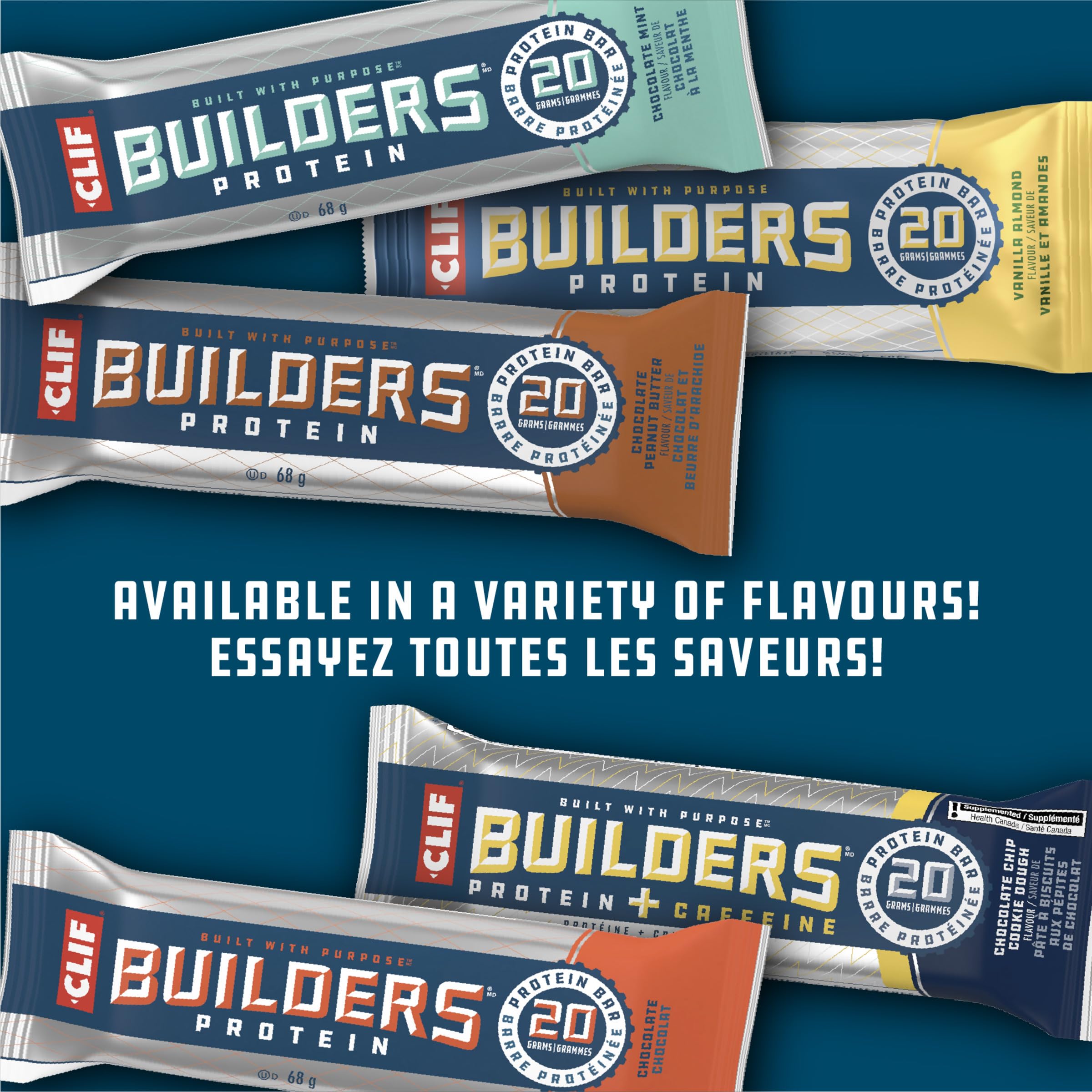 CLIF BUILDERS Protein Bars - Chocolate Peanut Butter Flavor, 20g Protein, Gluten Free, No Artificial Sweeteners, 68g (12 Pack) | High Protein Snack for Gym, Hiking & Post-Workout Recovery