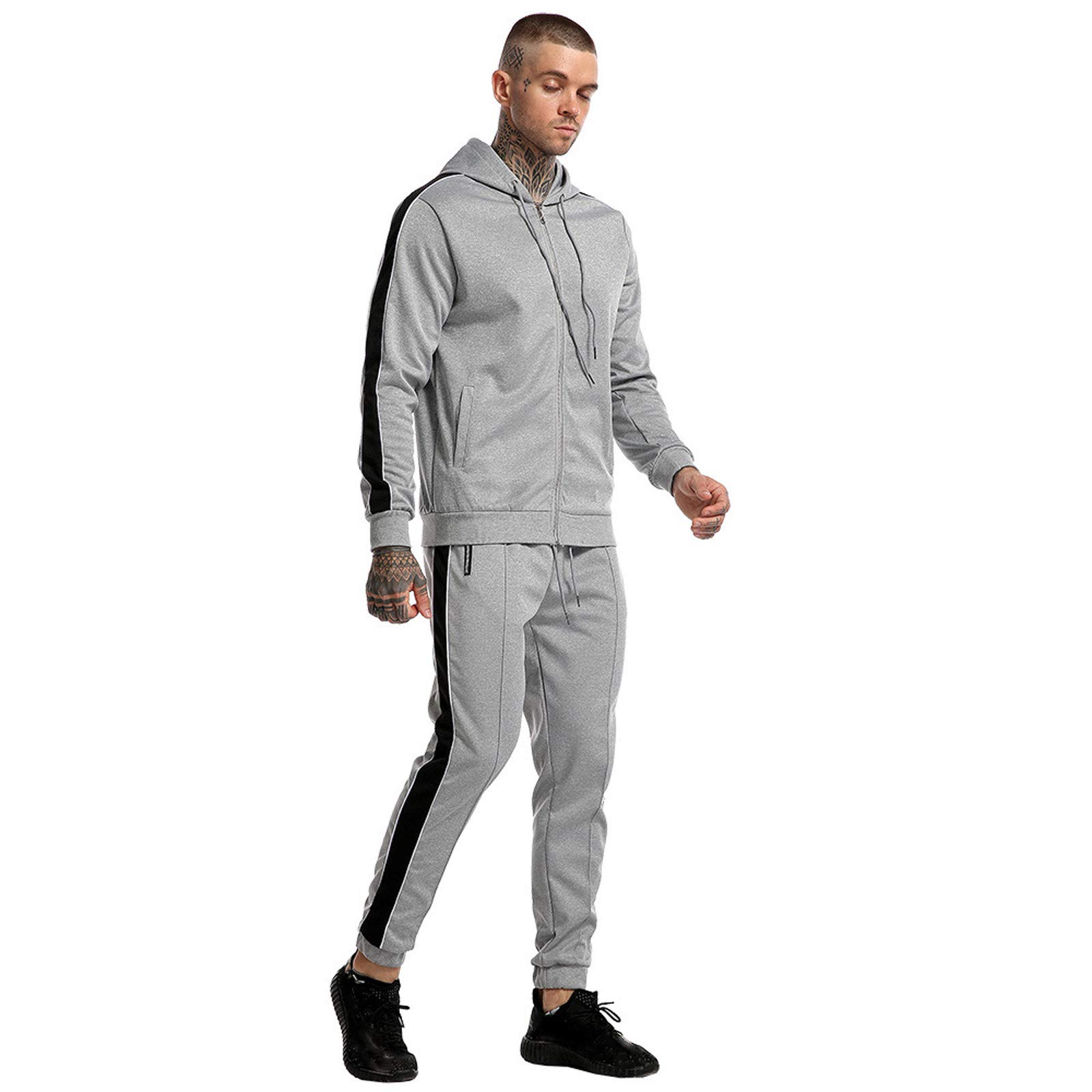 Men's Zip-Up Hoodie Tracksuit Set - Solid Color & Patchwork Design for Workout, Gym, Running & Casual Wear