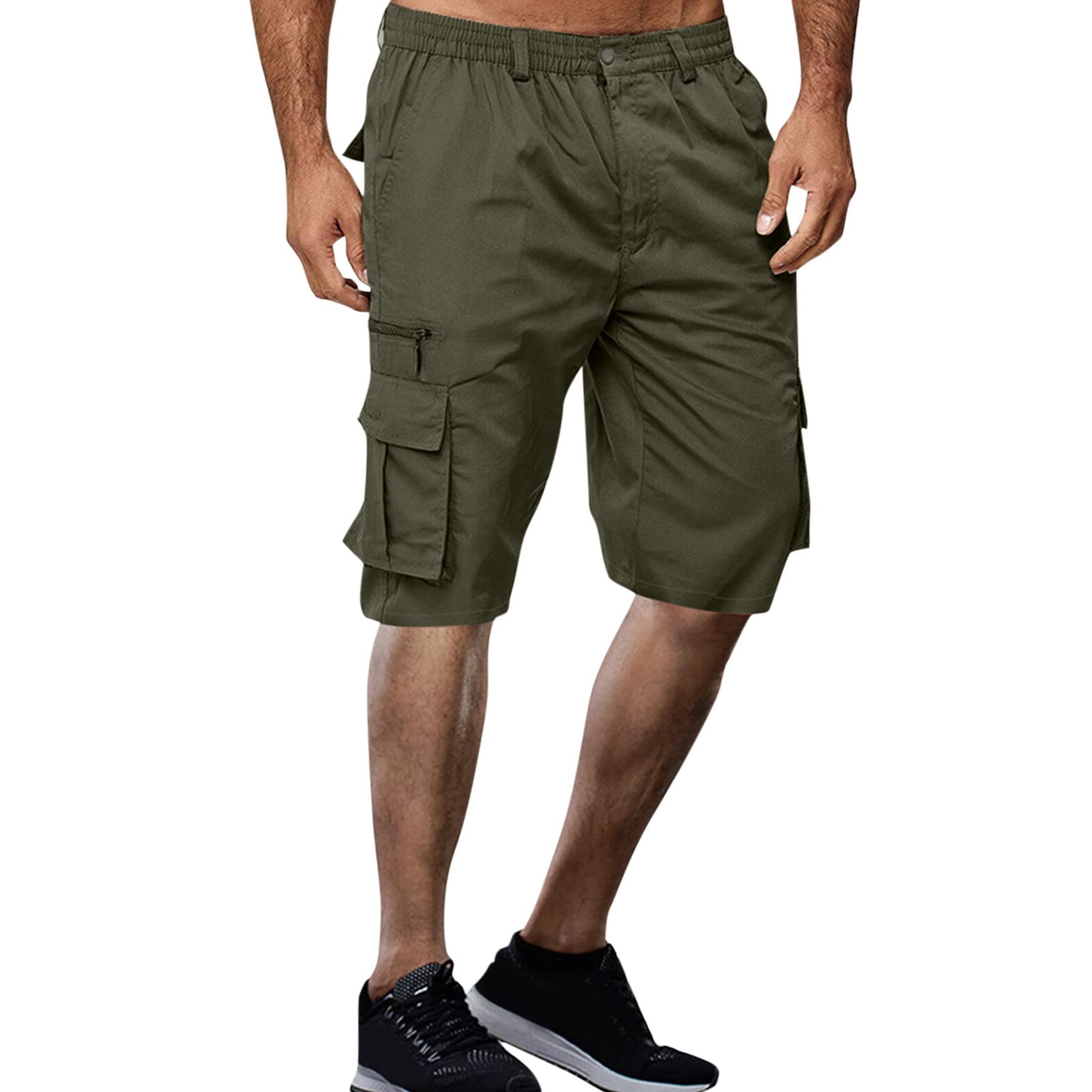 QWENTMTNTY Men's Summer Cargo Shorts - Elastic Waist, Zipper Fly, Multiple Pockets, Cropped Jogger Pants for Outdoor Activities, Hiking & Casual Wear
