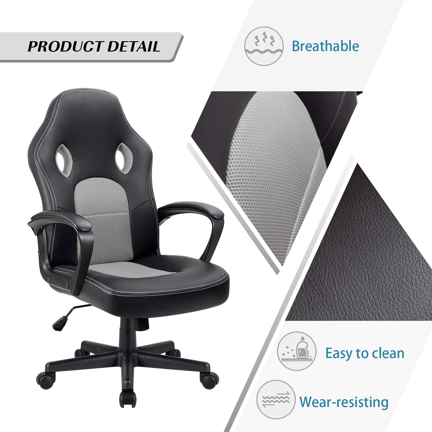 Furmax Ergonomic Office Chair - Adjustable Leather Gaming & Computer Desk Chair with Lumbar Support, Racing Style Swivel Task Chair for Home & Office Use (Grey)