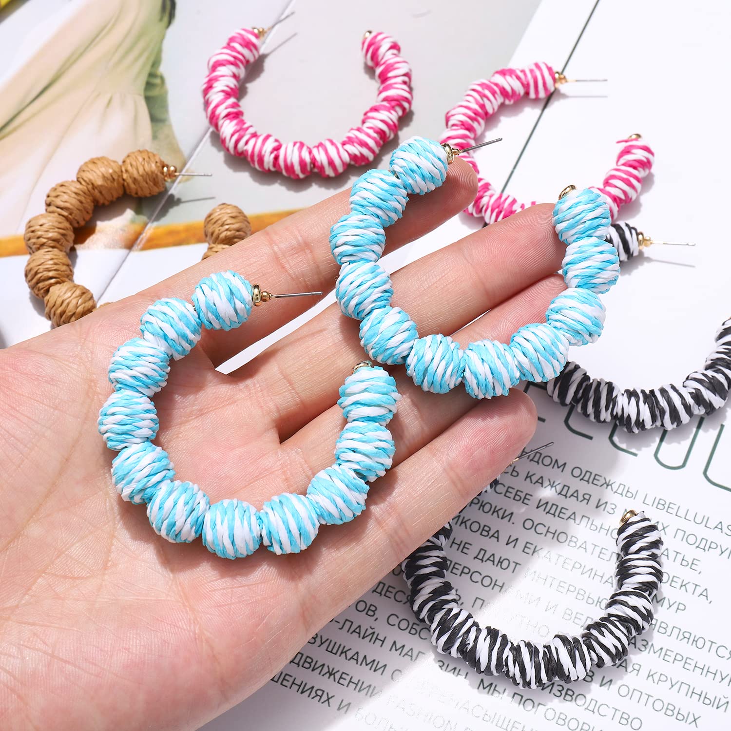 4 Pairs Handwoven Rattan Earrings – Bohemian Geometric Statement Hoop, Straw Wicker Braid Drop Dangle Earrings for Women | Perfect for Summer, Beach, Festival & Boho Chic Outfits