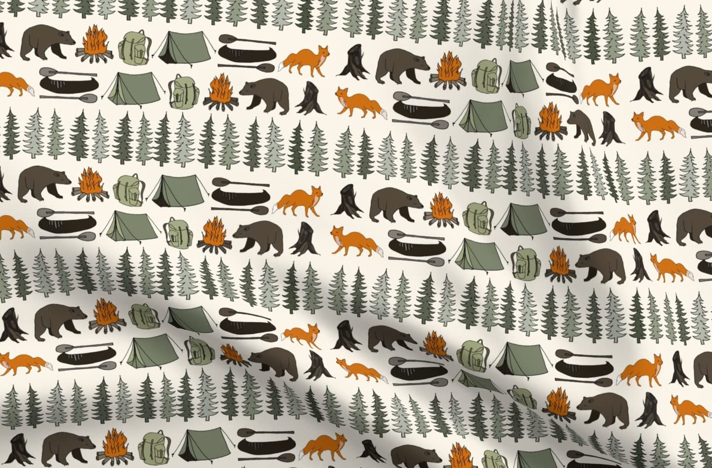 Camping Cream Bear Fox Woodland Forest Trees Printed Minky Fabric Fat Quarter - Soft Plush Fabric for Sewing Baby Blankets, Quilt Backing & DIY Crafts - Perfect for Nursery Decor, Plush Toys & Cozy Home Projects
