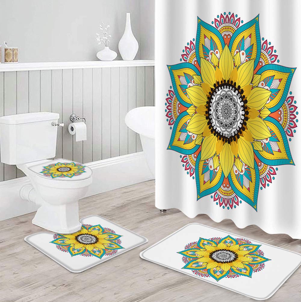 4PCS Sunflower and Mandala Shower Curtain Set - Waterproof Bathroom Decor with 66x72in Curtain, Non-Slip Bath Mat & Toilet Lid Cover - Boho Chic Bathroom Accessories for Modern Home Decor (Ideal for Guest Bathrooms & Apartment Showers)