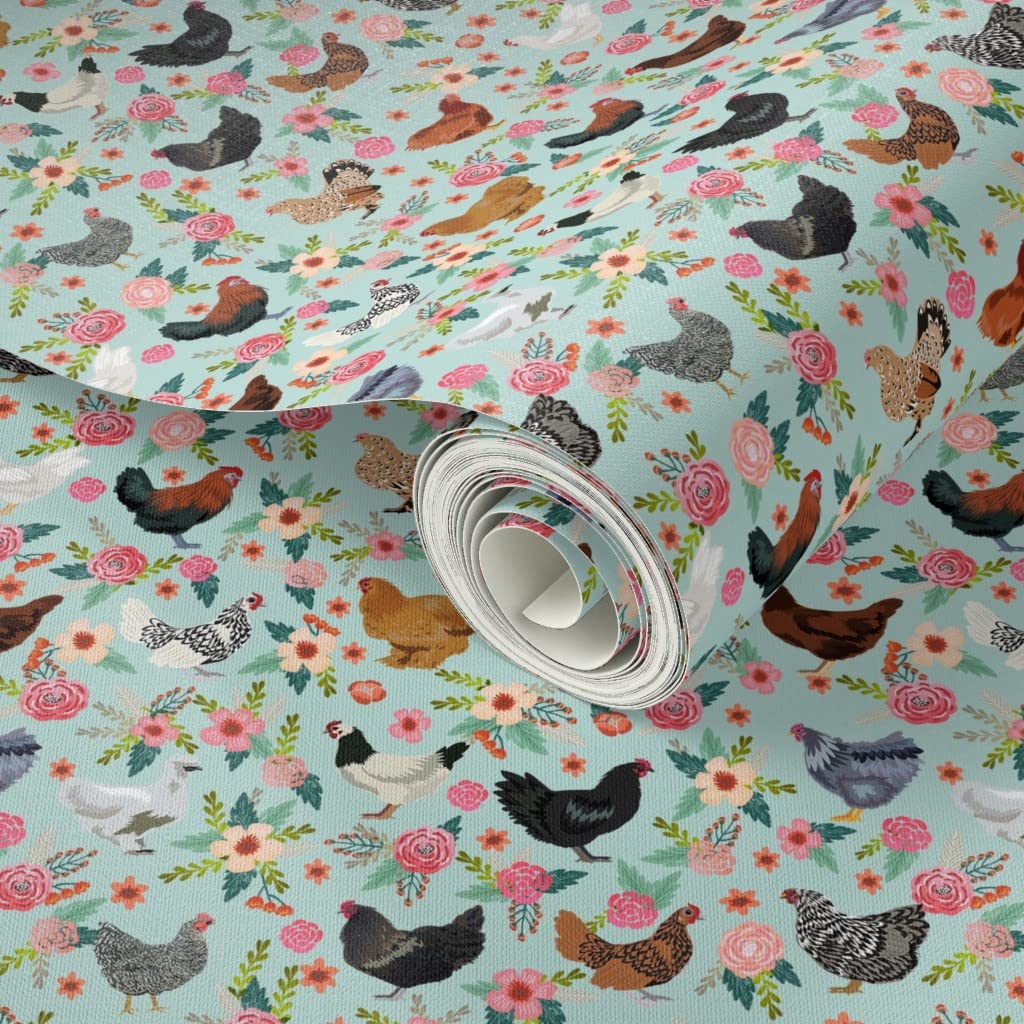 Peel & Stick Removable Wallpaper - 9ft x 2ft Chicken Breeds Floral Design with Hens & Birds in Light Blue | Farmhouse Decor | Perfect for Nursery, Kitchen, Bedroom & Home Office