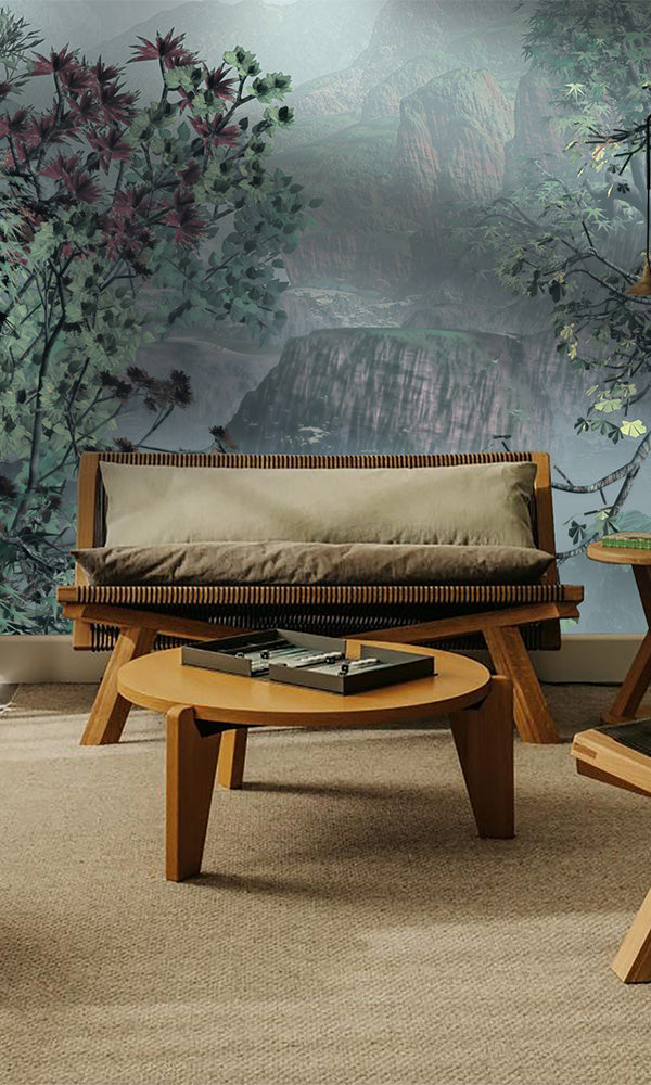 Green Asian Mountains Mural Wallpaper M9911 - Nature-Inspired Home Decor for Living Room, Bedroom & Office