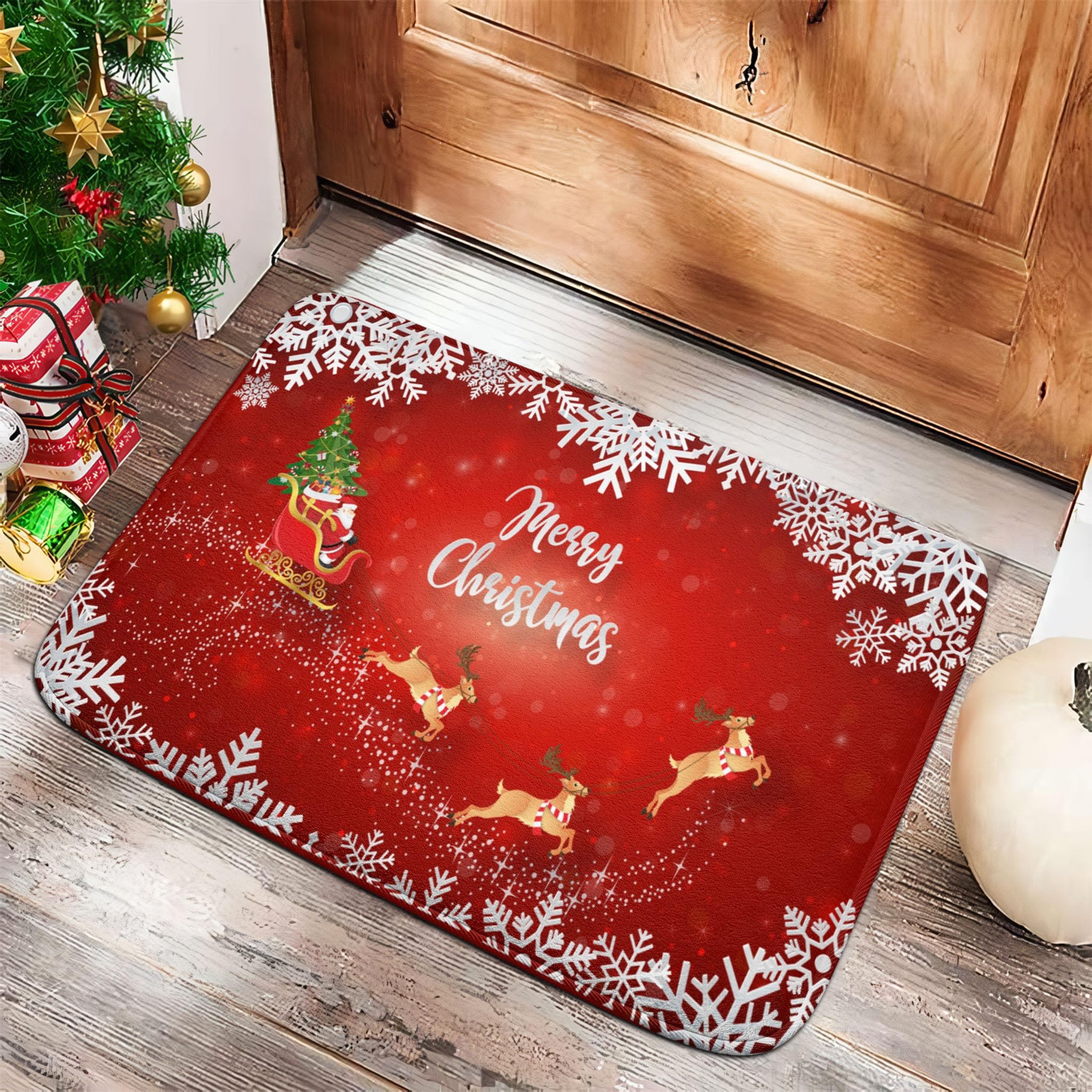 Non-Slip Christmas Snowflake Santa Elk Bath Mat - 24x17 Inch Absorbent Flannel Bathroom Rug for Quick Drying | Perfect for Bathroom, Shower, Bedroom & Kitchen Decor | Holiday Home Accent Gift