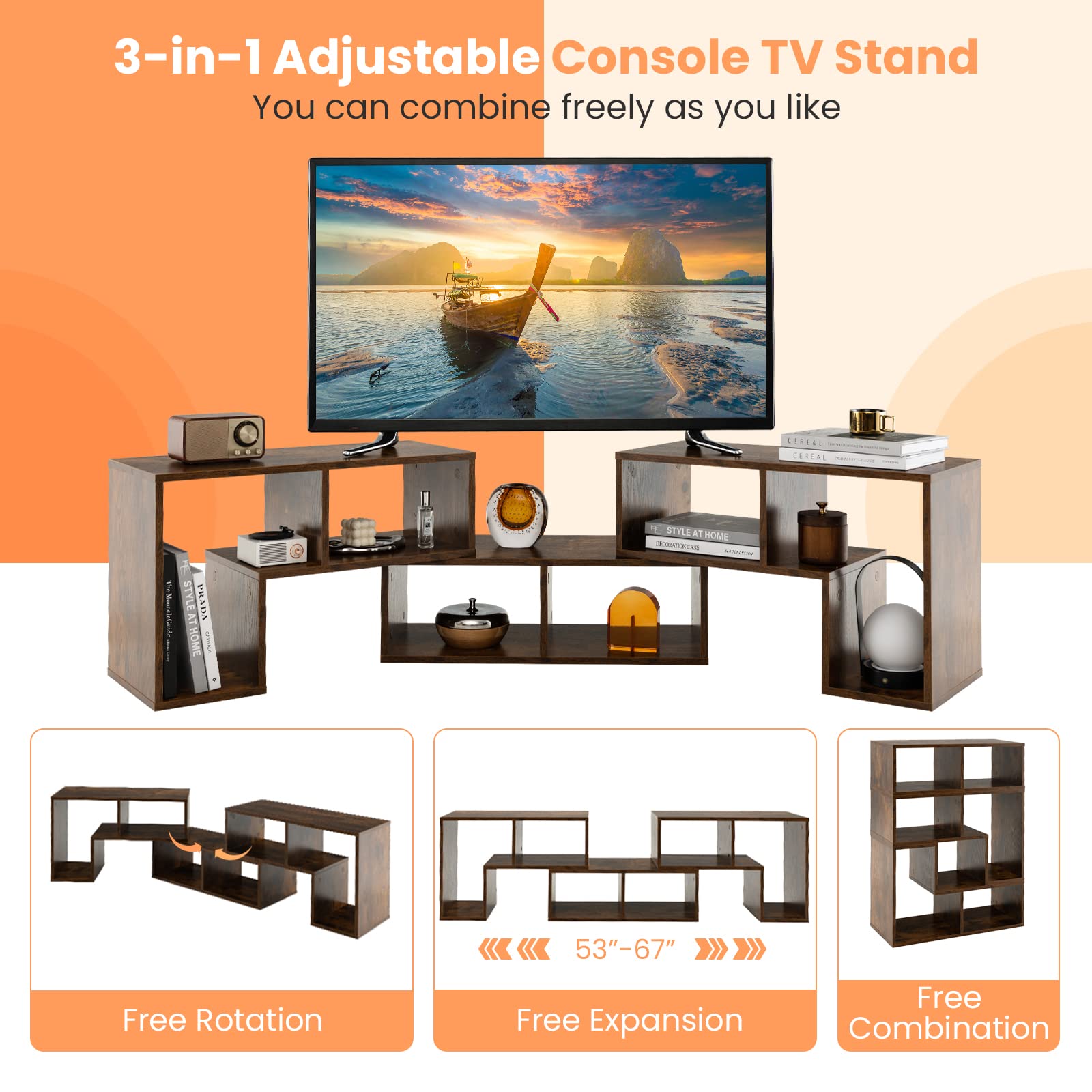 Tangkula 3-Piece Modular TV Stand for 50-65 Inch TVs - Modern Entertainment Center with Open Storage Shelves, DIY Combination Console for Living Room (Brown) | Perfect for Home Theater Setup & Living Room Organization