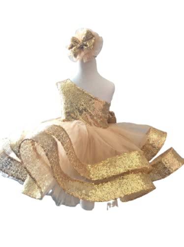 Gold Glitter Puffy Dress for Girls - Satin Sequin & Tulle Formal Dress for Birthday, Prom, Christmas Events (3-6 Months US Kids' Numeric) | Perfect for Special Occasions & Holiday Parties