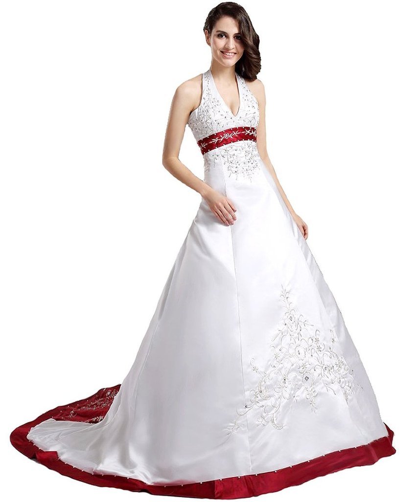Elegant Women's Halter Neck Embroidery Satin Wedding Dress with Corset Back - Perfect for Bridal Gowns, Evening Gowns & Special Occasions