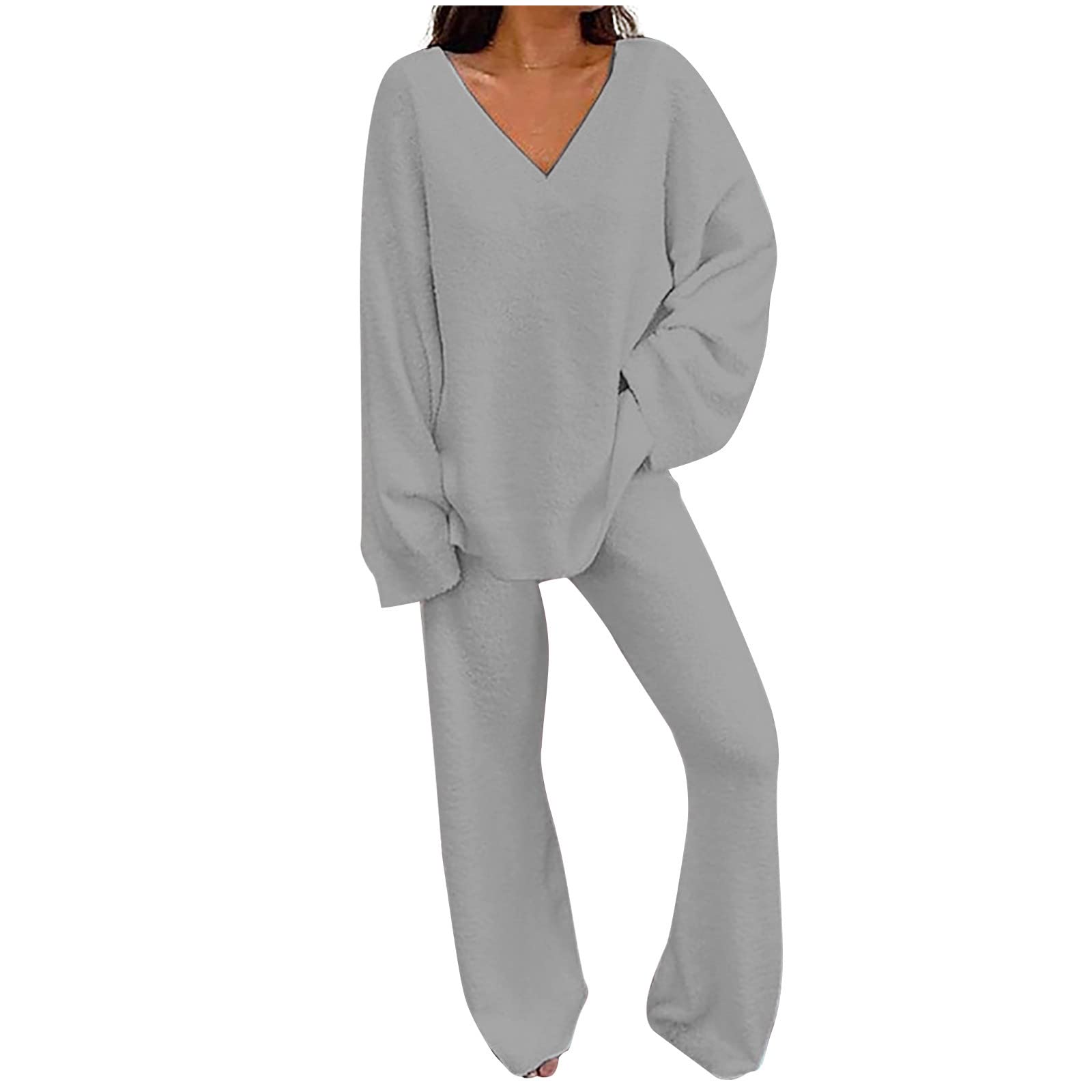 Attine Women's 2-Piece Sweater Outfits - Long Sleeve V-Neck Knit Top & Wide Leg Pants Set | Casual Loungewear, Office Wear & Winter Outfits