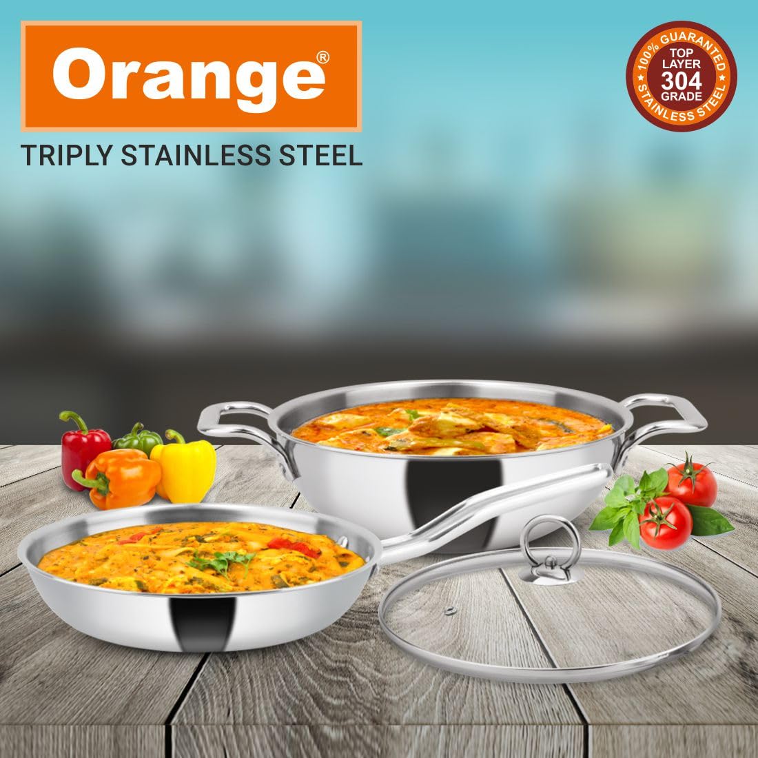 Premium Orange Triply Stainless Steel Cookware Set - 3-Piece Induction Compatible Combo (24cm Deep Kadai, 22cm Fry Pan with Tempered Glass Lid) | Durable & Even Heating | Perfect for Indian Cooking, Stir-Frying & Family Meals