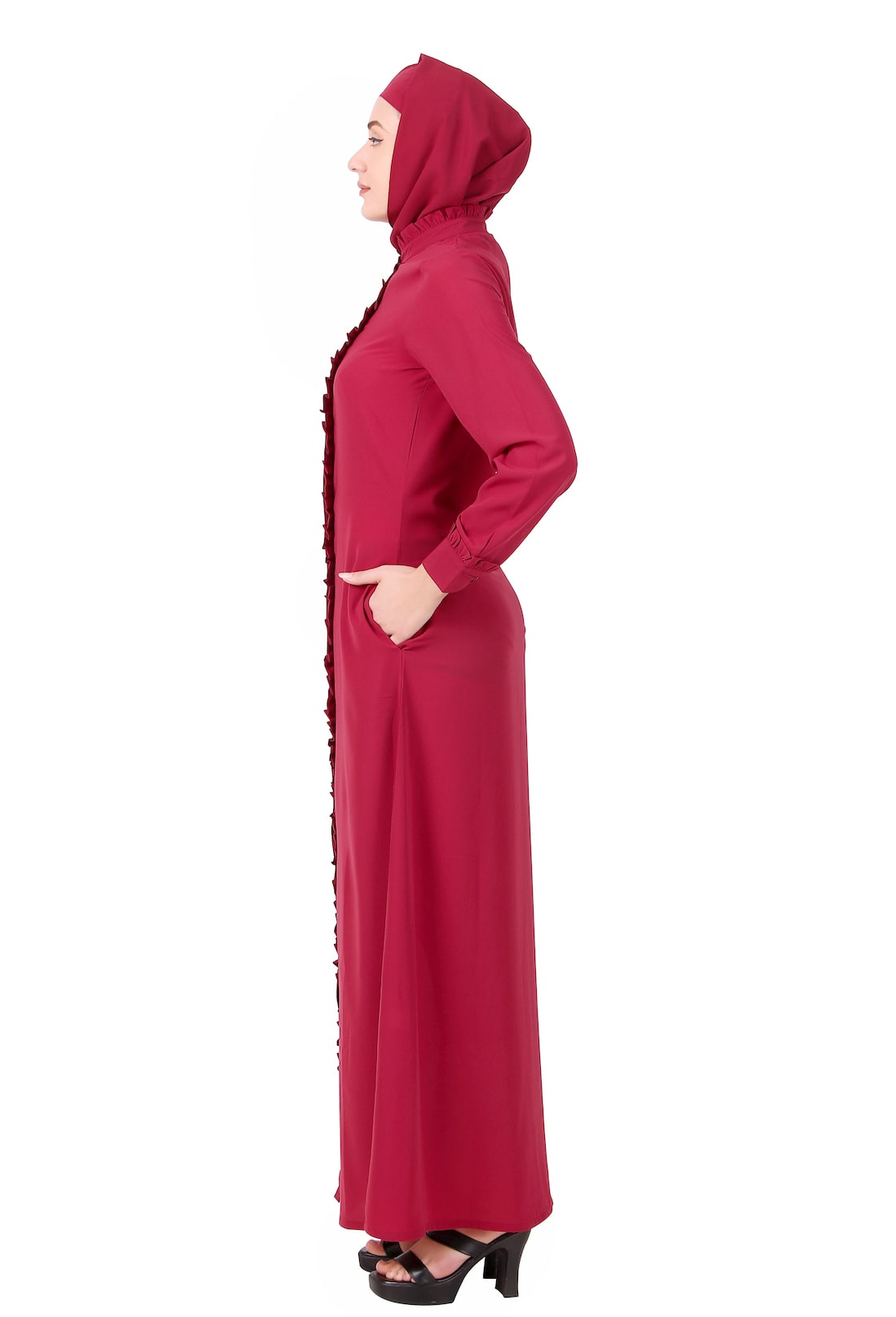 Elegant Full Front Open Abaya with Frills on Placket - Modest Muslim Dress for Women - Perfect for Prayer, Eid, and Special Occasions