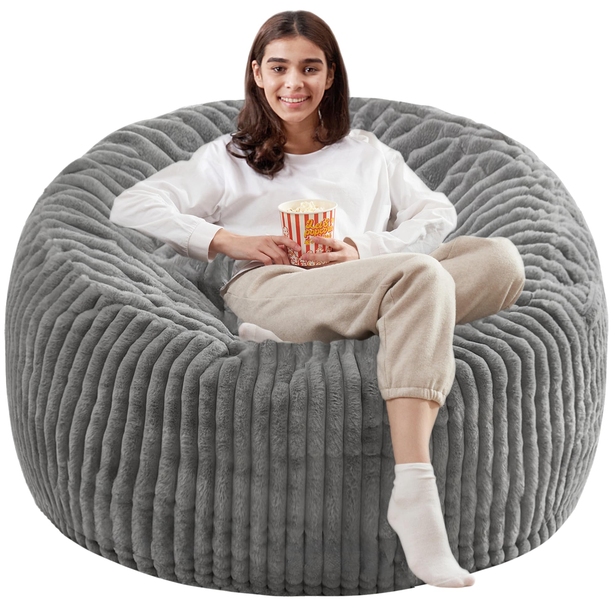 Homguava 4 FT Memory Foam Bean Bag Chair - Extra Large Soft Plush Sofa with Dutch Corded Cover in Grey - Perfect for Living Room, Bedroom, Dorm & Game Room Relaxation