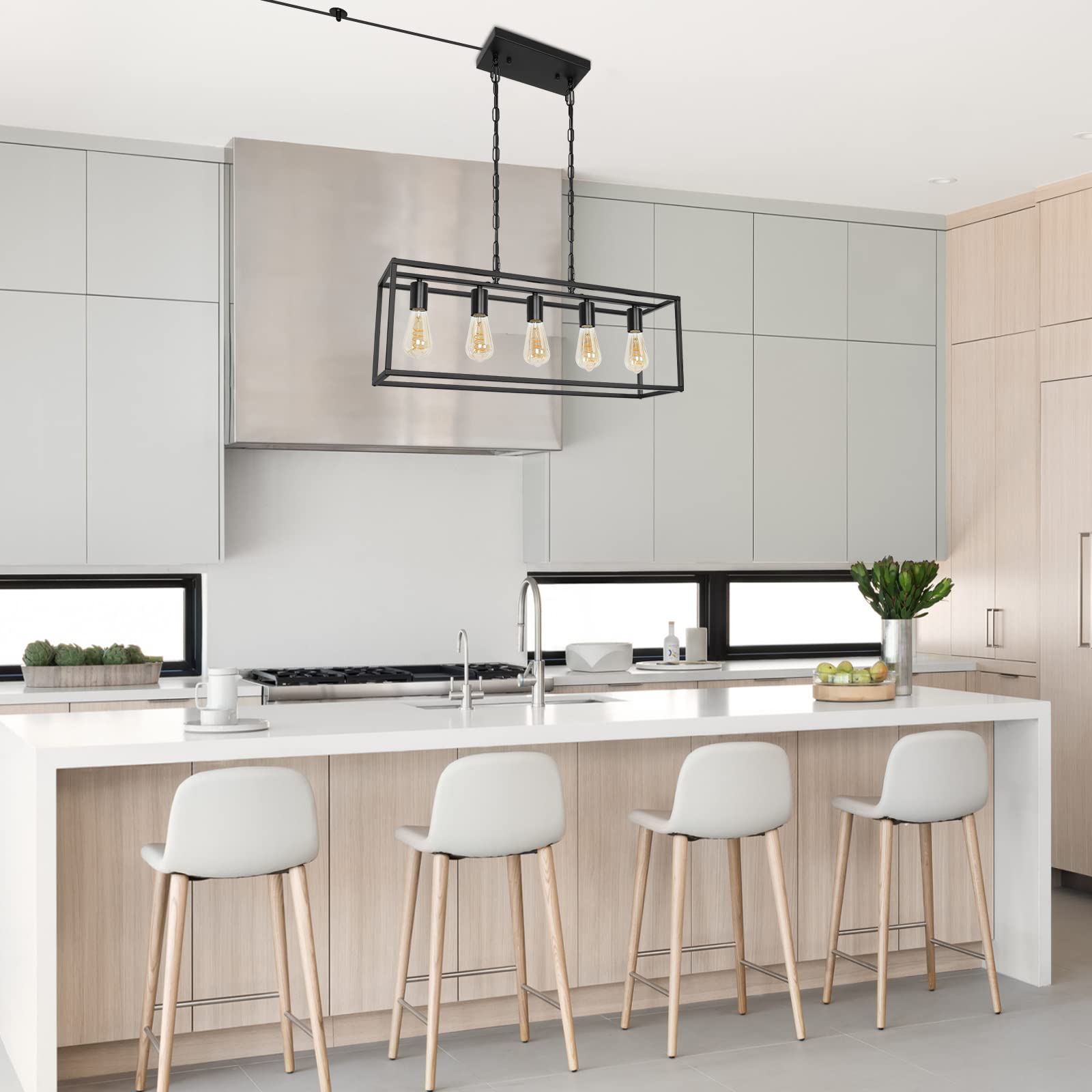 ZOSIMIO Black Farmhouse Plug-in Kitchen Island Lighting - Industrial Modern 5-Light Linear Chandelier with 17.5ft Cord - Rectangular Light Fixture for Dining Room, Living Room, Bar & Restaurant - Perfect for Farmhouse, Industrial & Modern Home Decor