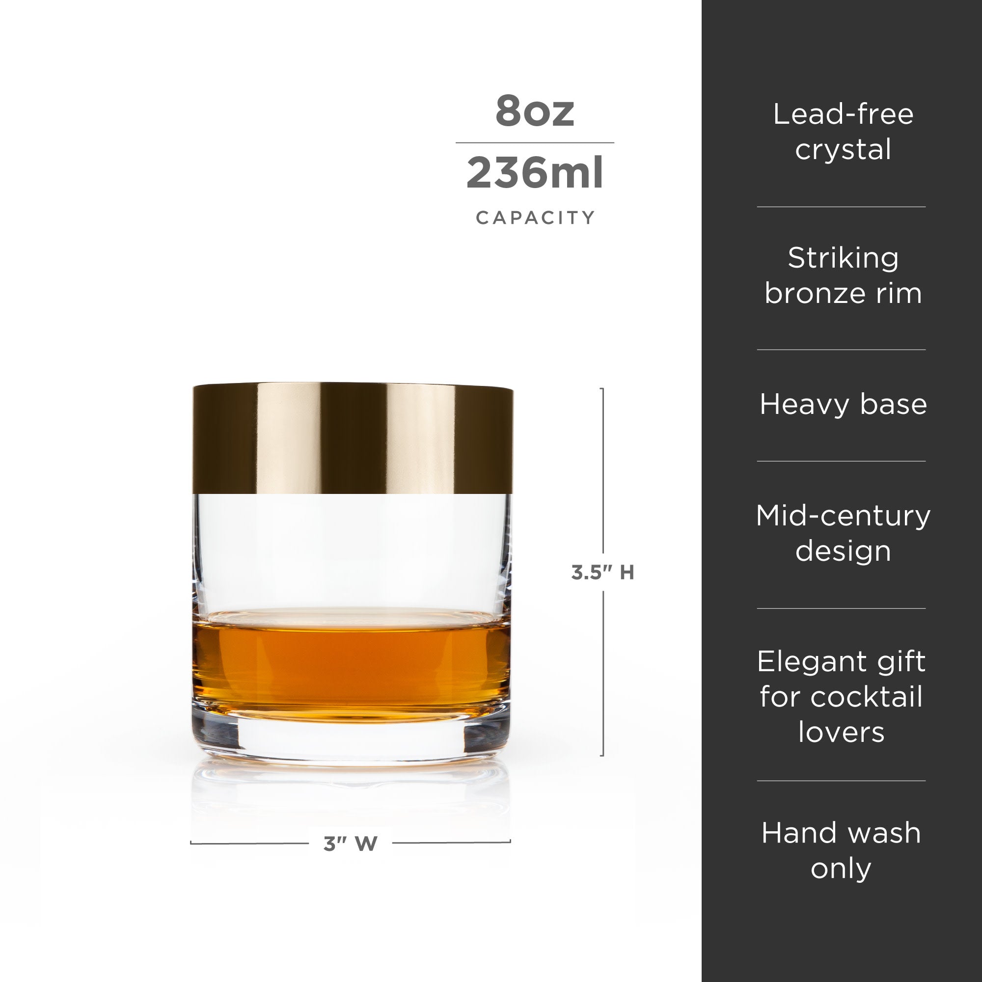 Premium Irving Bronze Rimmed Crystal Tumblers Set of 2 - Elegant Drinking Glasses for Cocktails, Whiskey & Home Bar Decor