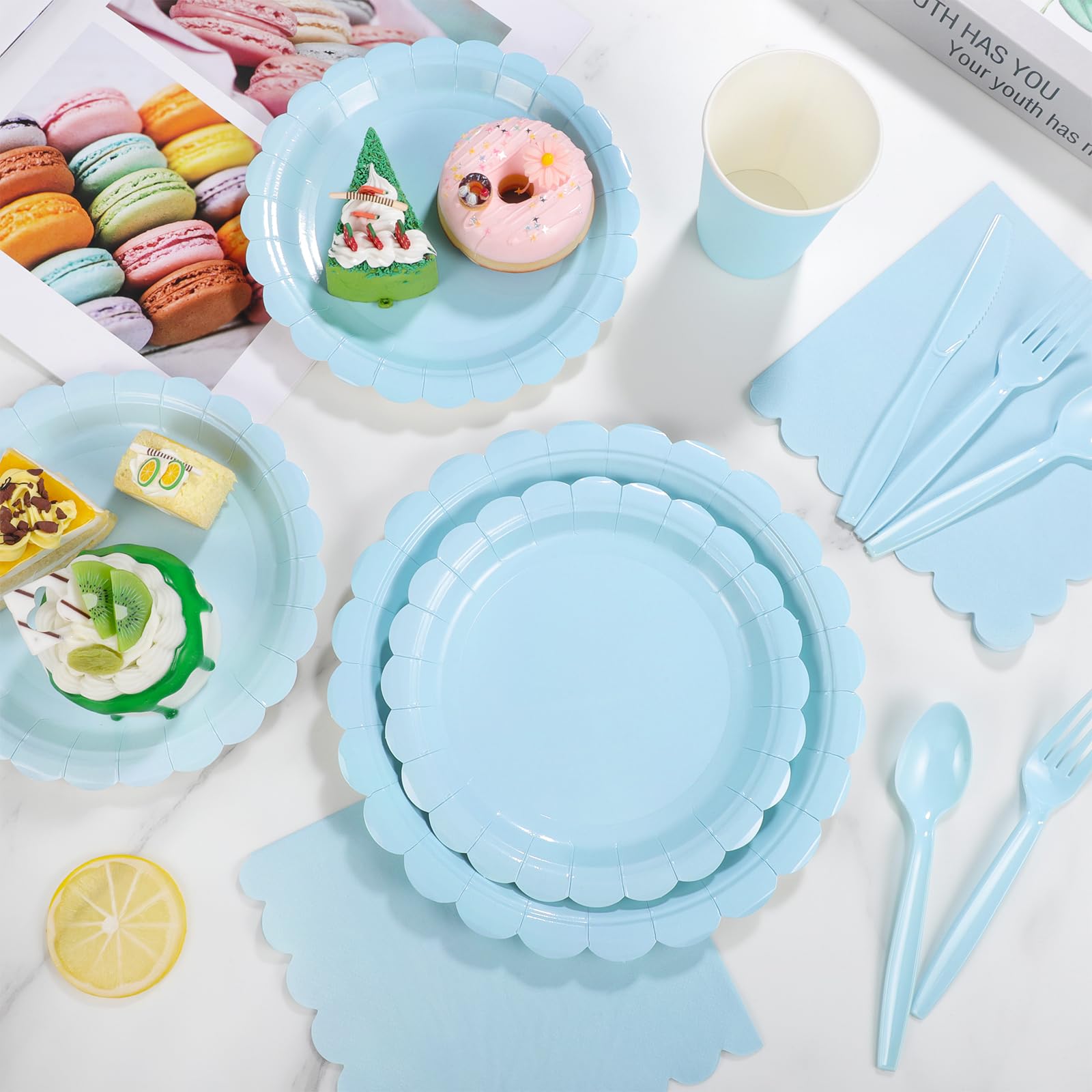 175 Pcs Light Blue Paper Plates & Napkins Set - Easter Party Supplies with Scalloped Plates, Napkins, Cups, Plastic Cutlery (Forks, Spoons, Knives) for Baby Shower, Wedding, Birthday - Perfect for Spring Celebrations, Bridal Showers & Outdoor Events