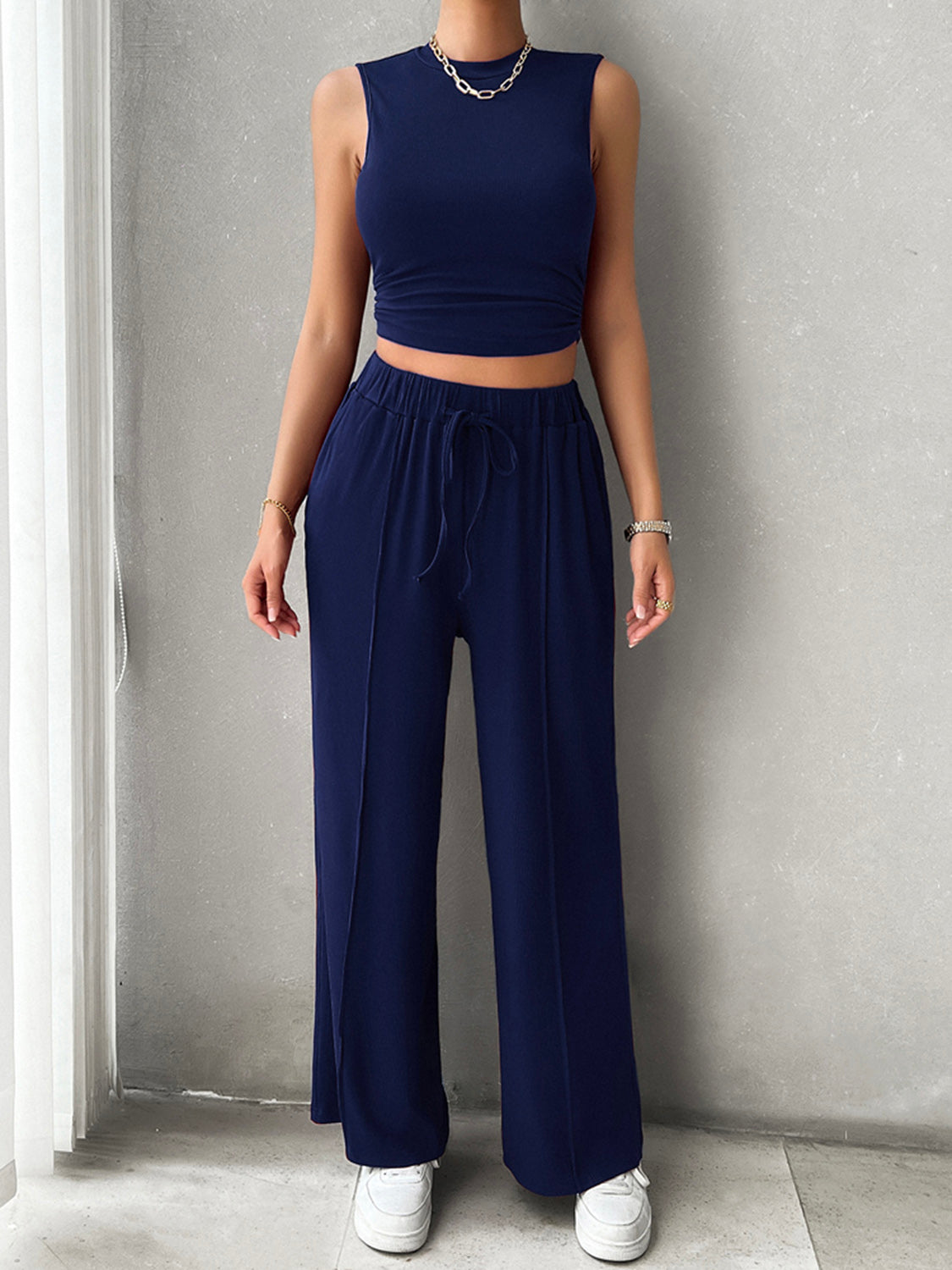 Women's Sleeveless Blouse & Drawstring Resort Pants Outfit Set - Lightweight Summer Travel Beachwear for Vacation & Lounge Wear