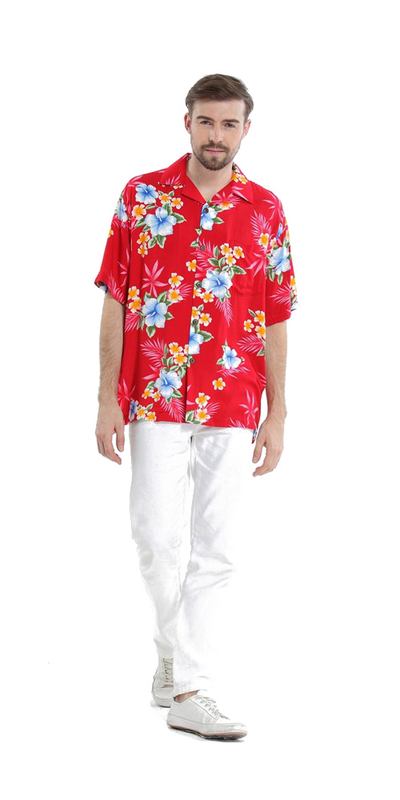 Men's Hawaiian Aloha Shirt - Tropical Hibiscus Red Floral Print Short Sleeve Button Up Shirt for Beach Vacation, Summer Party & Casual Wear