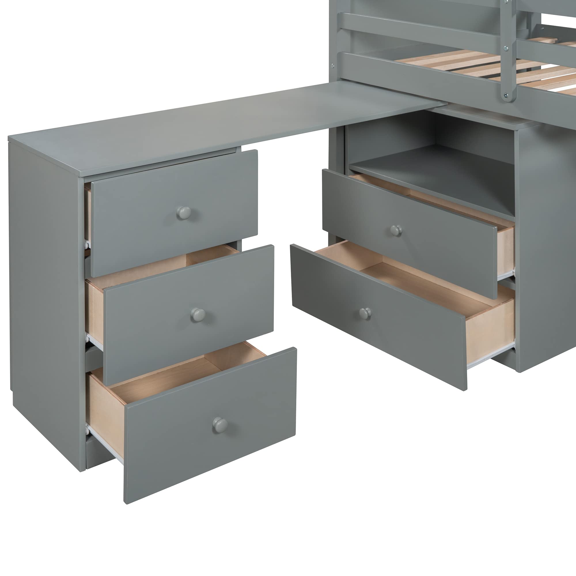 Kids Twin Loft Bed with Study Desk & Storage - Low Height Wooden Bunk Bed Frame, Portable Workstation & Stair Drawers (Gray) - Perfect for Small Bedrooms, Dorms & Space-Saving Kids' Rooms