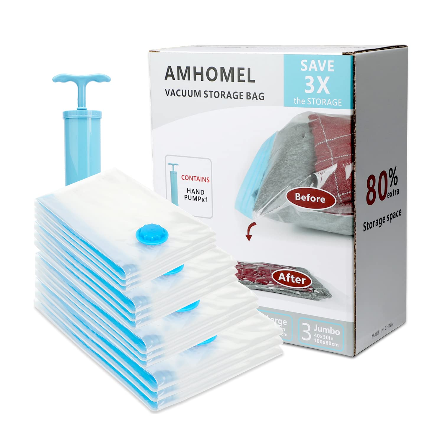 amhomel Vacuum Storage Bags 12-Pack (3 Jumbo, 3 Large, 3 Medium, 3 Small) - Space Saving Ziplock Compression Bags for Clothes, Blankets, Pillows & Comforters with Hand Pump - Perfect for Travel, Seasonal Storage & Home Organization