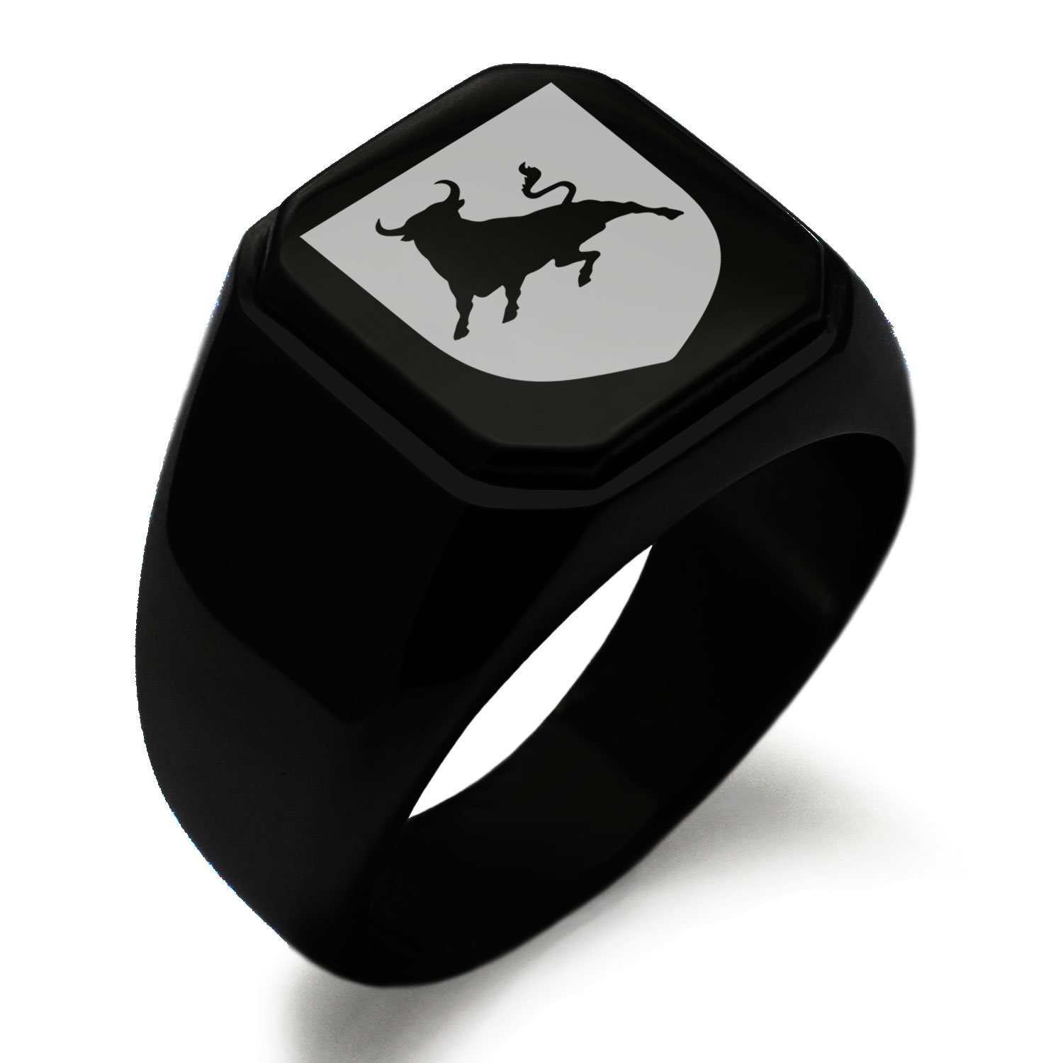 Stainless Steel Bull Bravery Coat of Arms Shield Symbol Ring - Polished Square Flat Top Biker Style Jewelry for Men - Perfect for Motorcycle Riders, Bikers, and Fashion Accessories