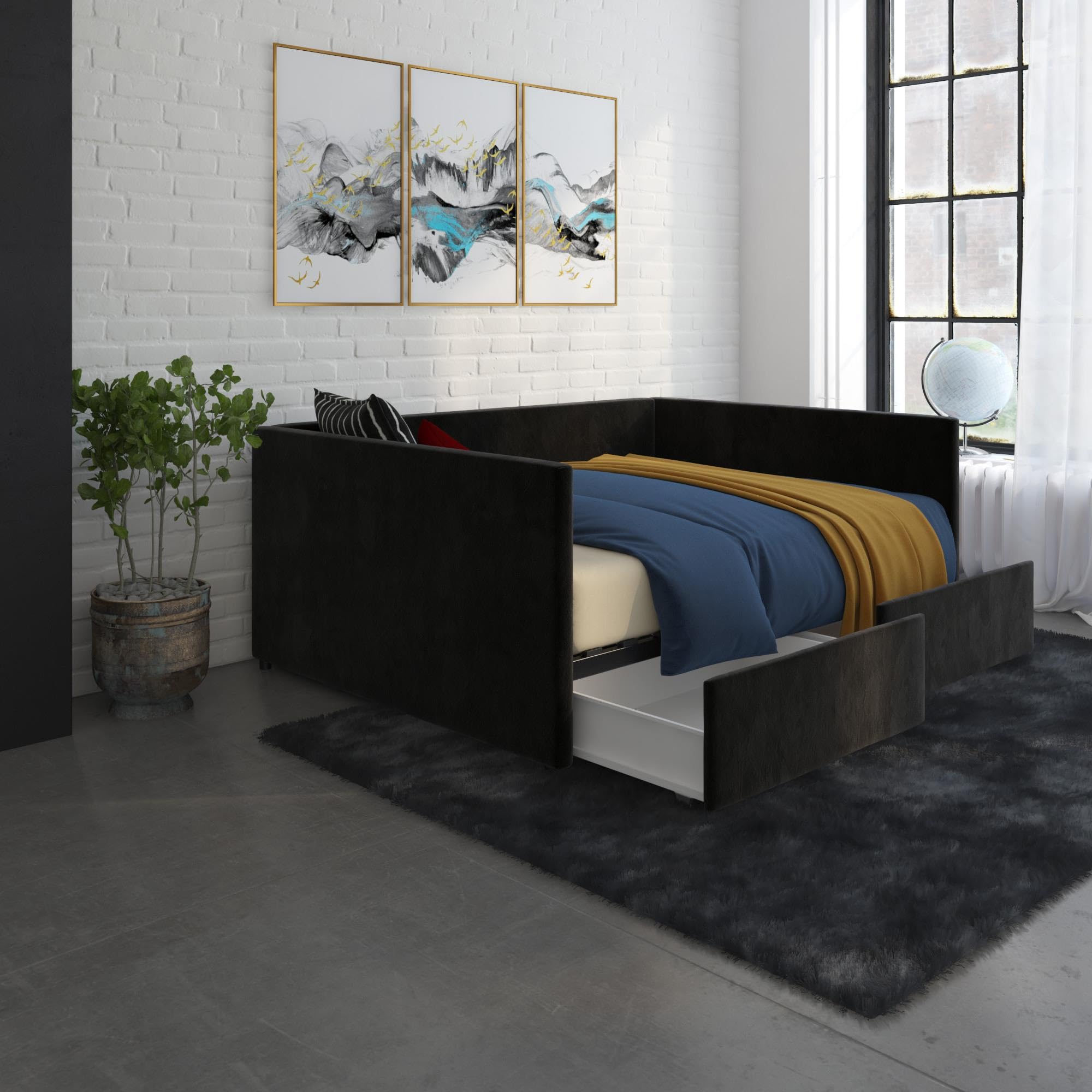 DHP Theo Full Size Daybed with Storage Drawers - Black Velvet Upholstered Sleeper Sofa for Guest Room, Dorm & Small Space Living