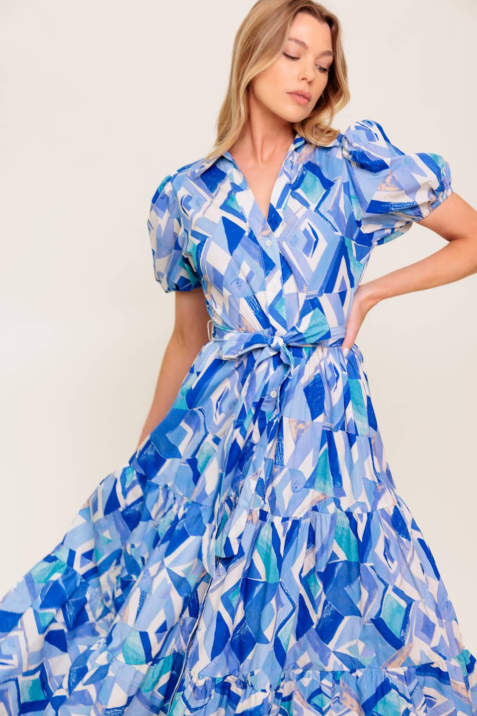 FAITH MIDI DRESS - Blue Geometric Print Cotton Dress for Women | Summer Casual & Party Wear | Perfect for Beach, Office and Date Night Outfits