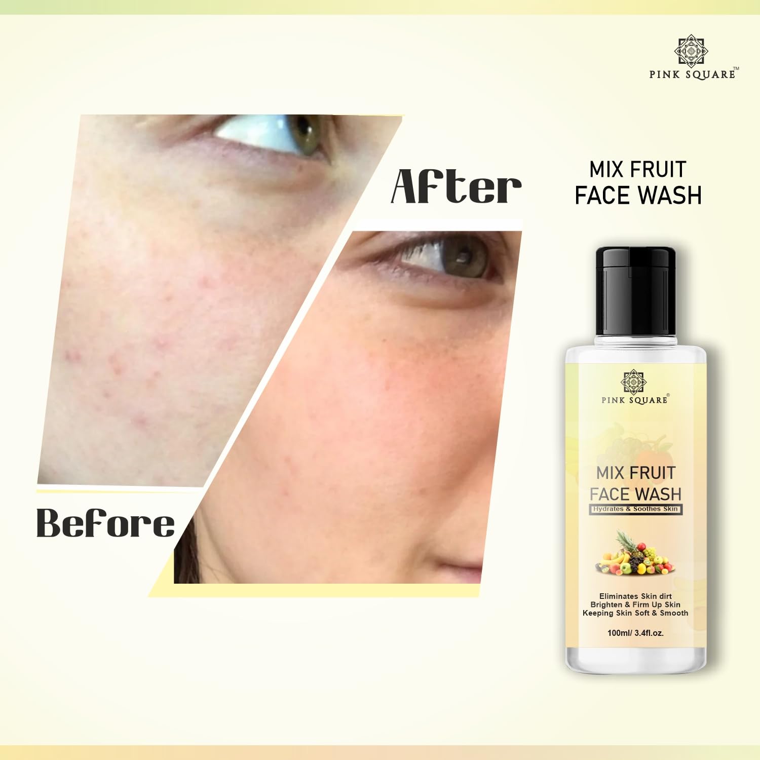 Pink Square Mix Fruit Deep Cleansing Face Wash - 100ml Gentle Foaming Cleanser for All Skin Types | Brightening & Glowing Skin | Perfect for Daily Skincare Routine & Travel