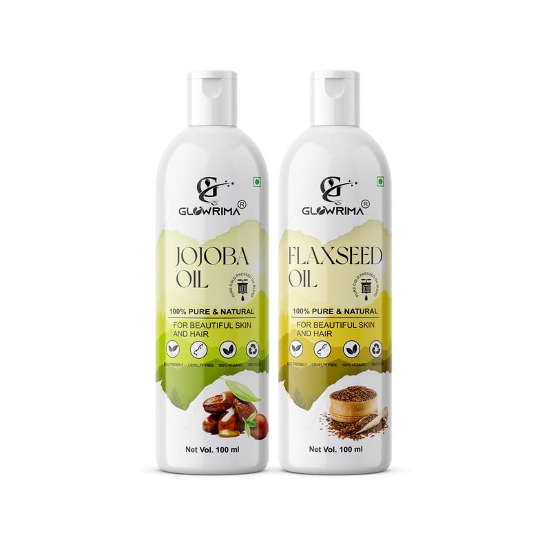 Glowrima 100% Pure Jojoba Oil & Flaxseed Oil Combo (100ML Each) - Natural Hair Growth Treatment for Stronger, Softer & Shinier Hair - Reduces Hair Fall & Split Ends - Perfect for Daily Hair Care & Scalp Massage (Pack of 2)