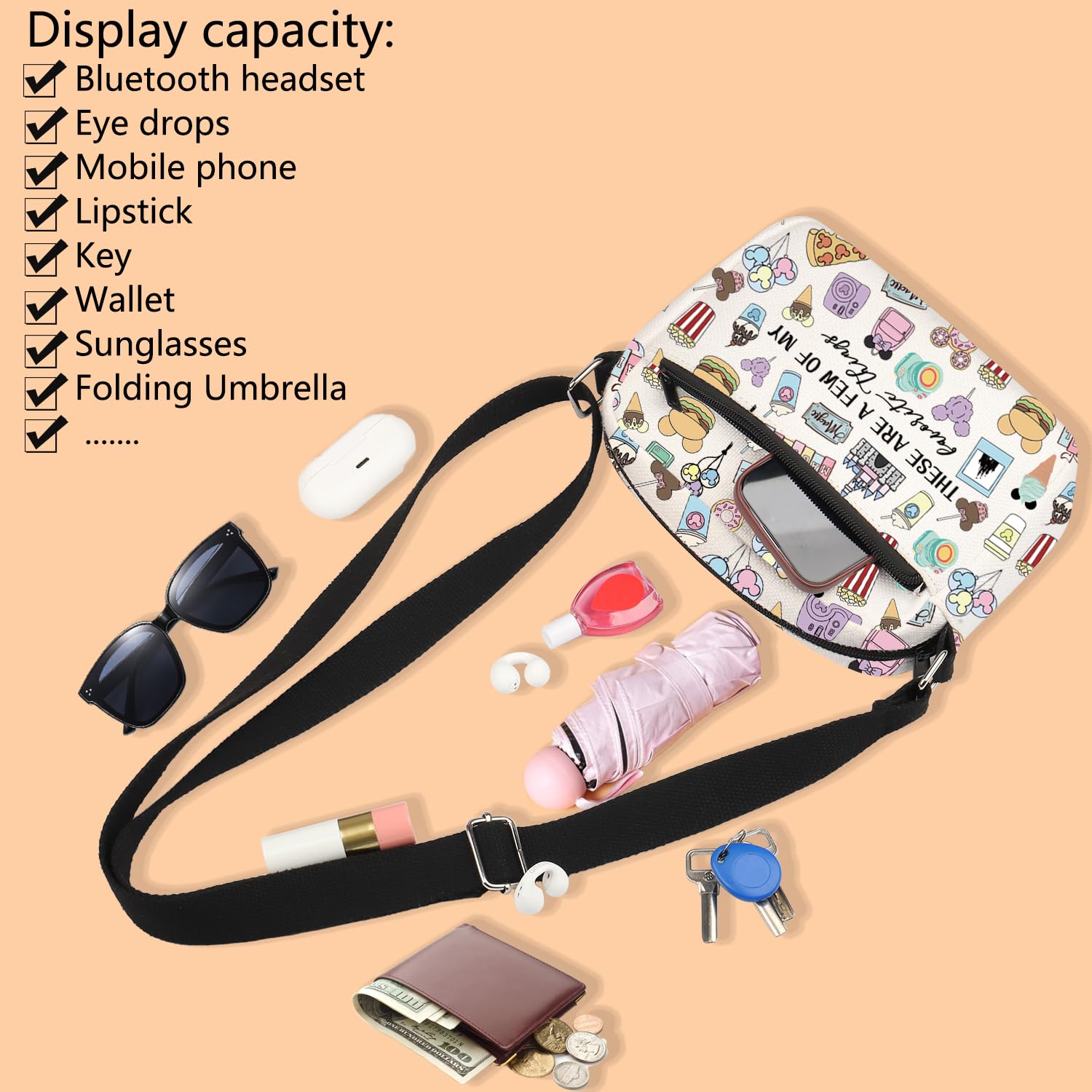 **Fairytale Fans Crossbody Bag - Cute Mouse & Ice Cream Design - Perfect for Vacation, Travel & Disney Trips - Magic Kingdom Gift for Snacks Lovers & Disney Fans**    *(Use Cases: Ideal for theme park visits, beach outings, shopping trips, or as a unique gift for Disney and snack enthusiasts.)*