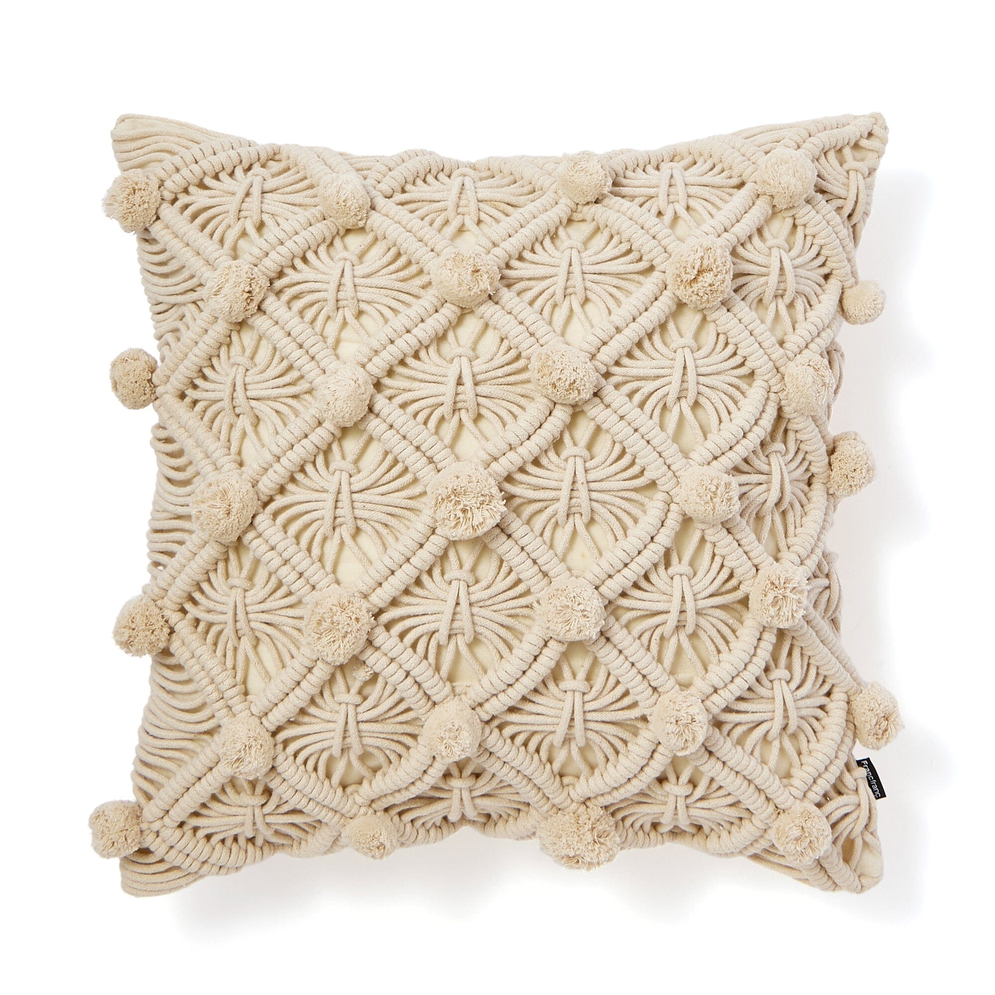 Handmade Macrame Pom Pom Cushion Cover 18x18 Inches - Natural Cotton Boho Home Decor for Living Room, Bedroom, or Nursery