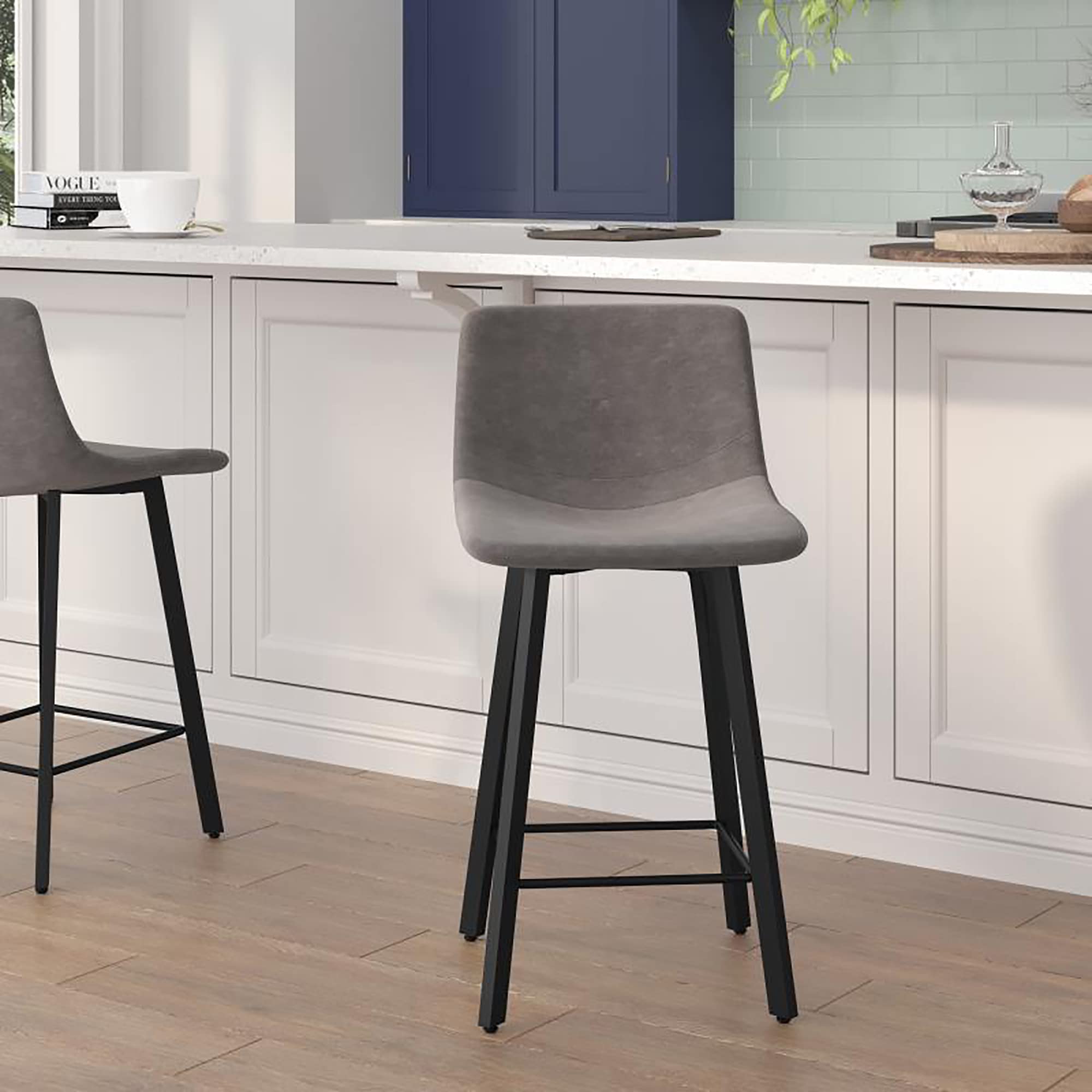 Flash Furniture Caleb Modern Armless 24 Inch Counter Height Stools - Set of 2, Commercial Grade with Footrests & Matte Metal Frames - Perfect for Kitchen Islands, Bars, and Dining Areas