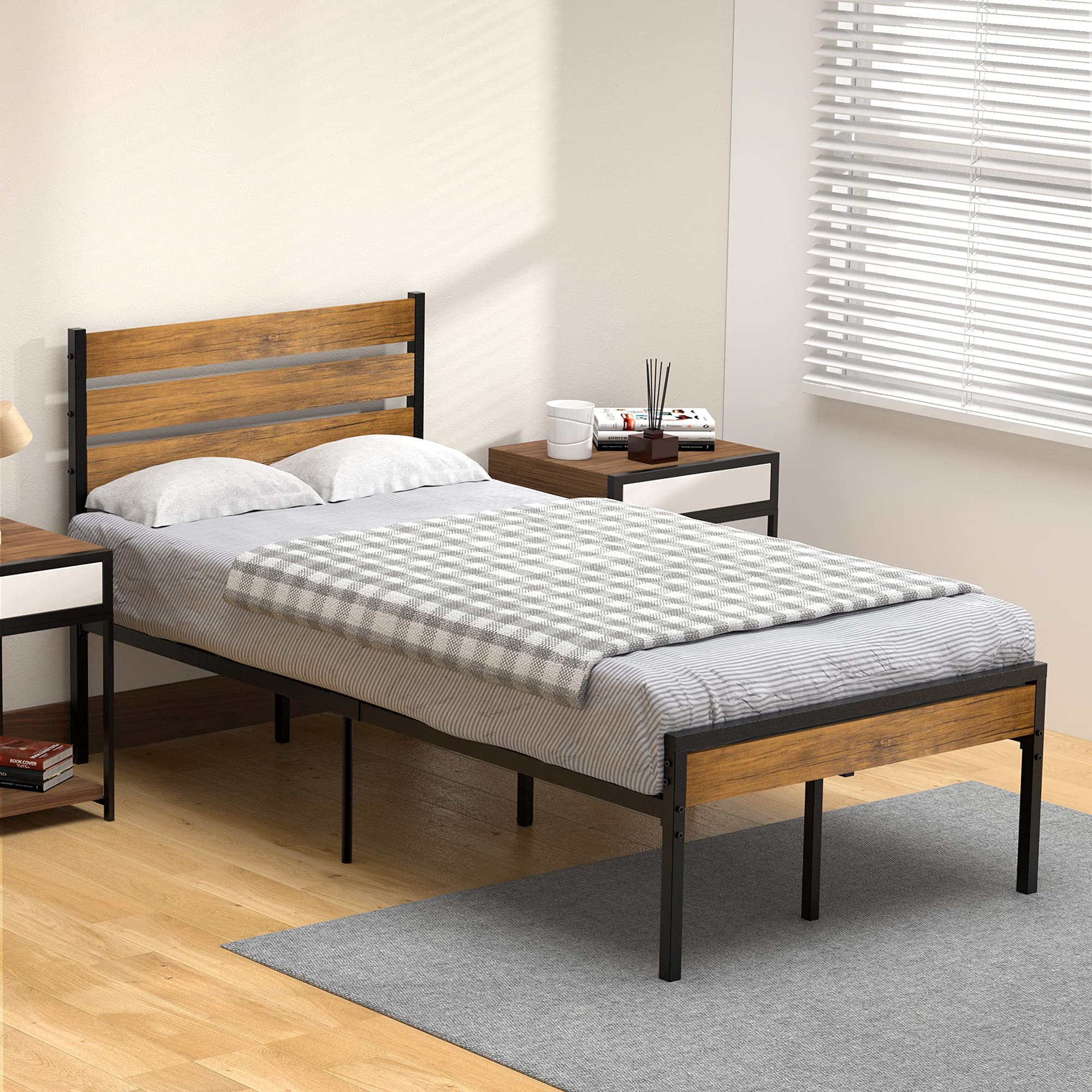 **Twin Bed Frame with Wood Headboard & Metal Slats - Sturdy Platform Bed with Storage, No Box Spring Needed - Perfect for Small Spaces, Guest Rooms & Dormitories**