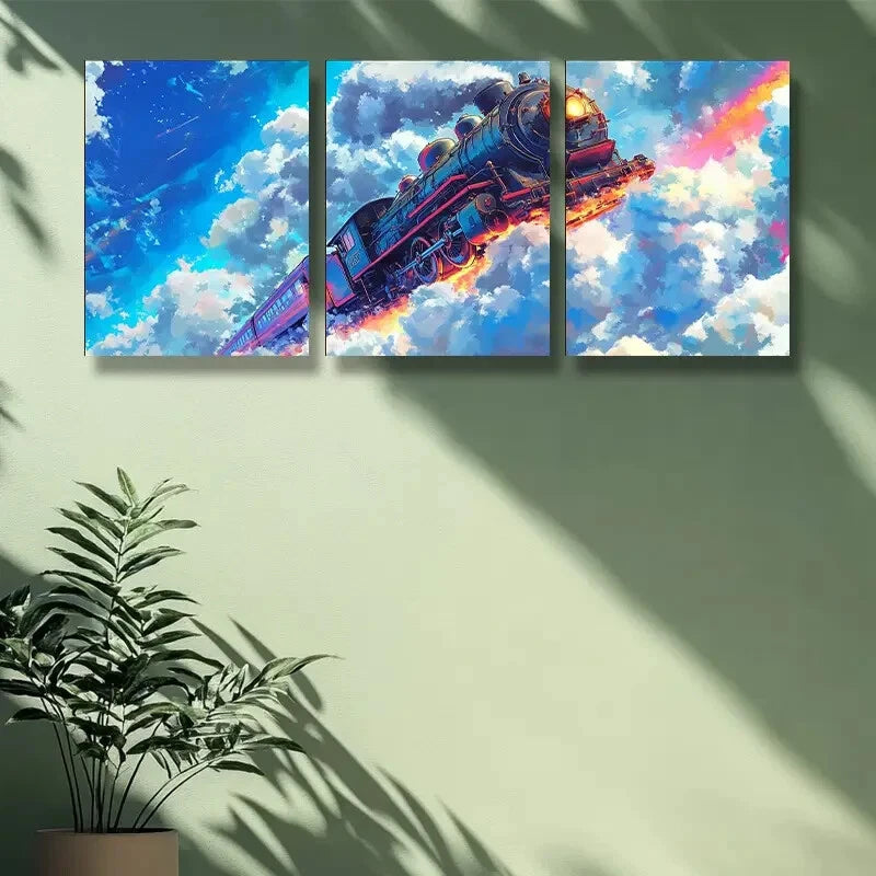 3Pcs Train on Sky Rainbow Metal Wall Art - Ready to Hang Home Decor for Living Room, Bedroom & Office
