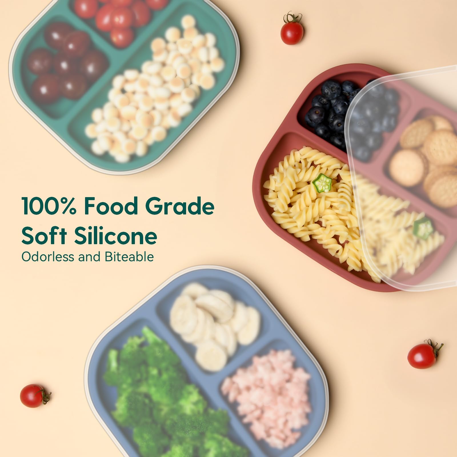 BABELIO 100% Food Grade Silicone Divided Baby Plates with Lids - BPA Free, Microwave & Dishwasher Safe - Strong Suction for Toddlers & Kids - Perfect for Highchair, Travel & Mess-Free Feeding