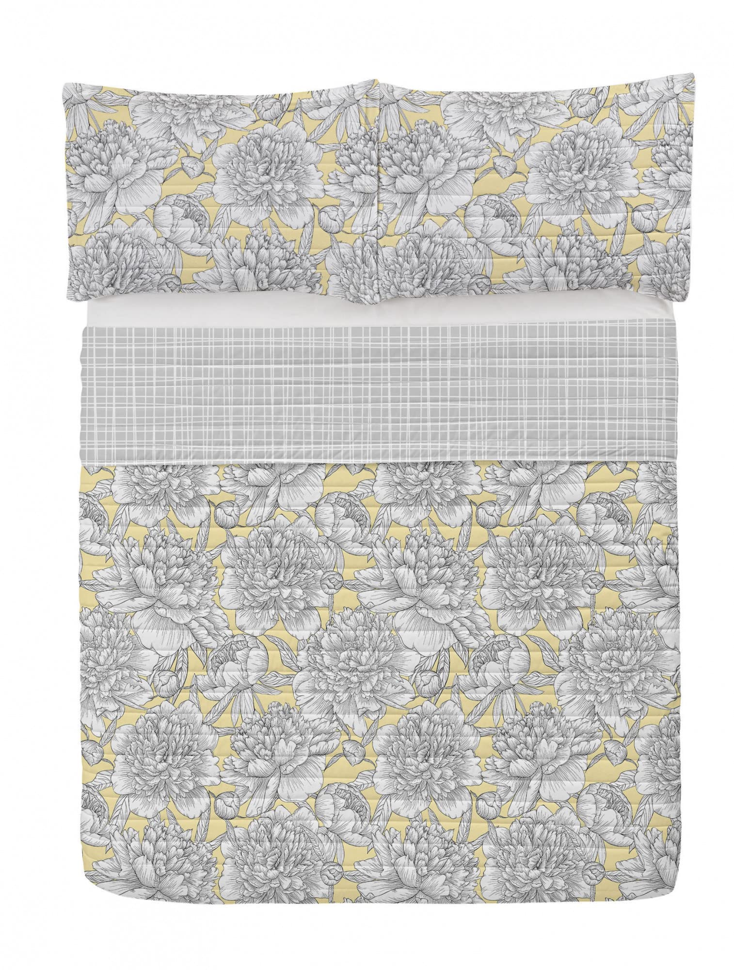 Ambesonne Floral Reversible King Size Bedspread Set with Pillow Shams | Hand-Drawn Rose, Chamomile & Peonies Design on Pale Yellow Microfiber | Perfect for Master Bedroom, Guest Room & Bohemian Home Decor