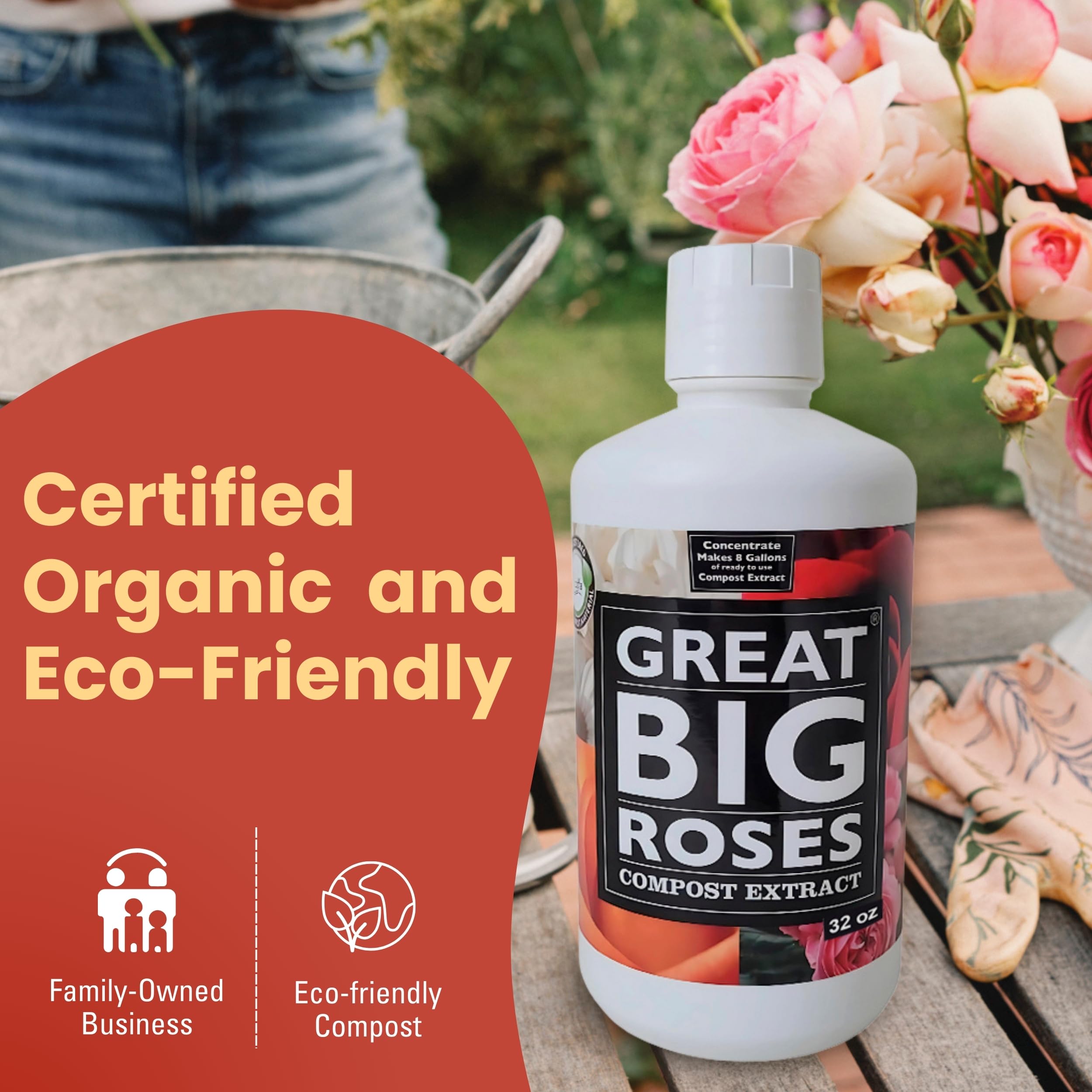 Premium Rose Fertilizer & Soil Booster - Organic Compost Extract for Lush Roses & Flowers, 32oz Concentrate (Makes 8 Gallons) - Ideal for Rose Bushes, Garden Beds & Container Gardening