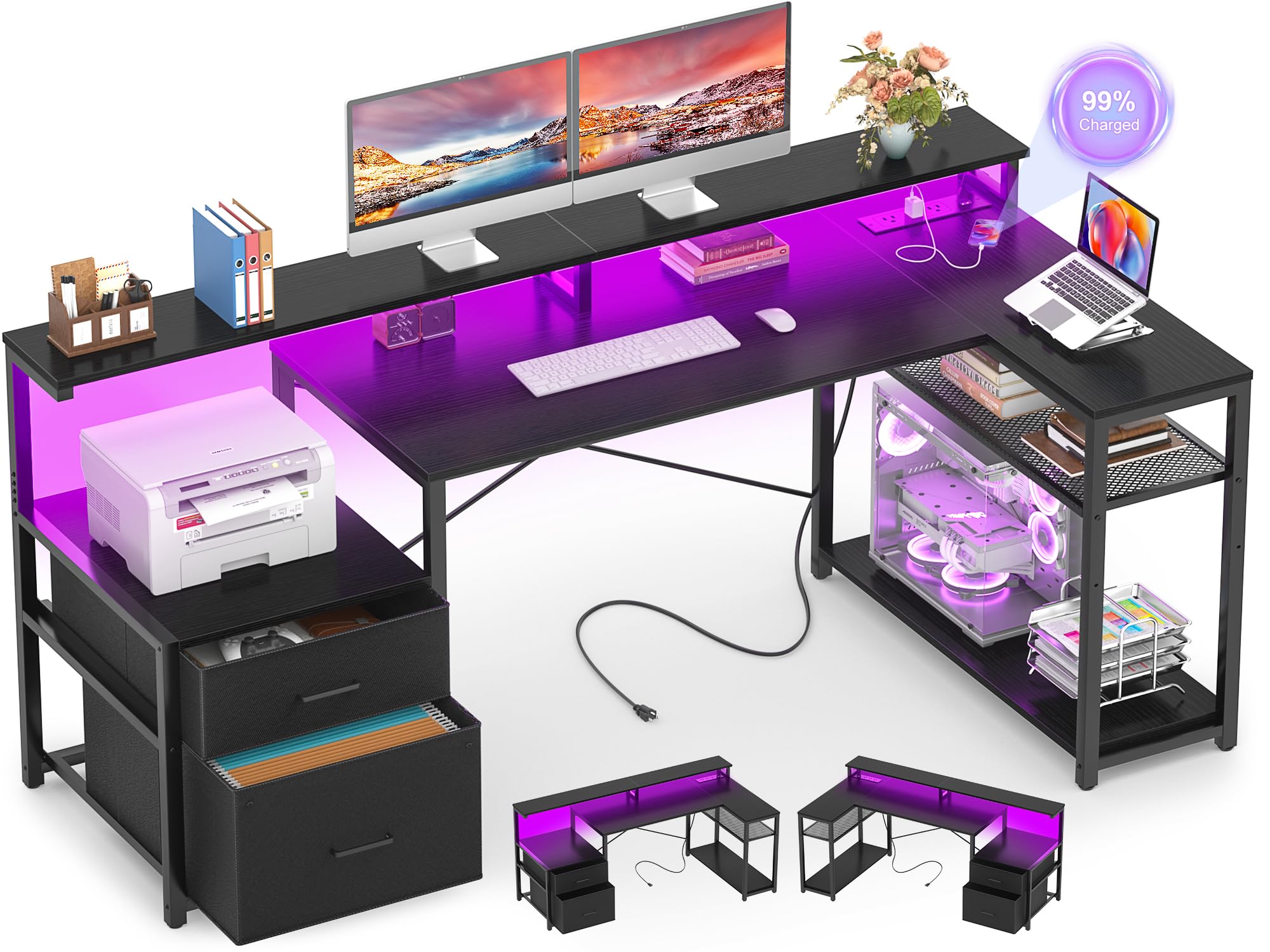 Aheaplus Reversible L-Shaped Computer Desk with File Drawer, Power Outlet & LED Strip - Home Office Gaming Desk with Monitor Shelf & Storage Shelves, Black - Perfect for Small Spaces, Work from Home & PC Gaming Setups