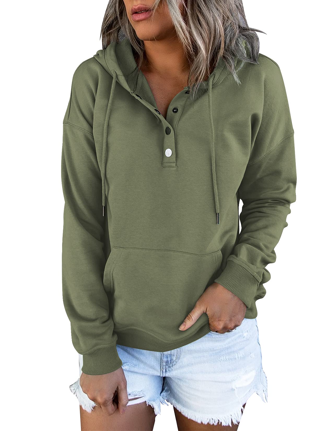 Vivitulip Women's Casual Button Down Long Sleeve Pullover Hoodie with Pocket - Soft Fleece Sweatshirt for Everyday Wear, Lounge & Outdoor Activities