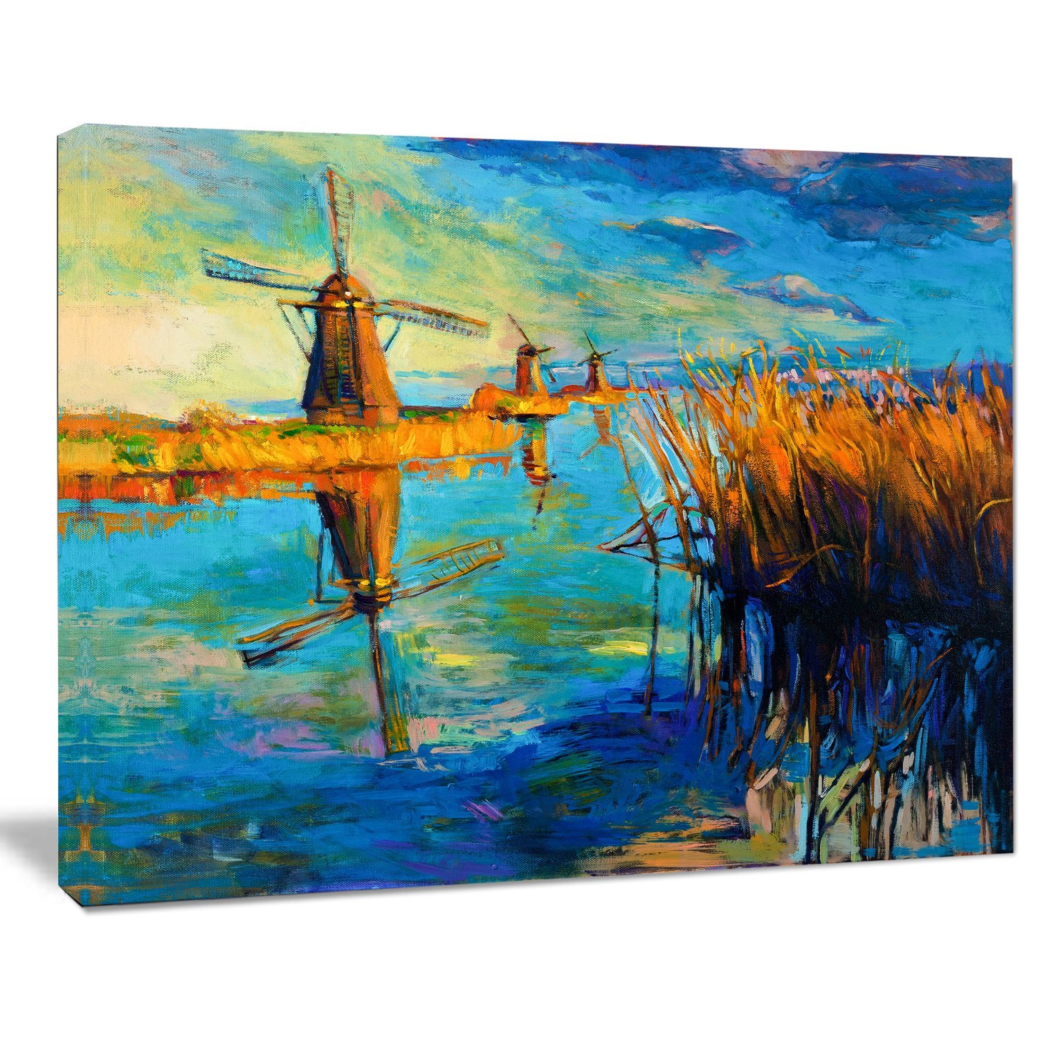 Windmills with Sky and Water Landscape Art Print Canvas - Scenic Dutch Countryside Wall Decor for Living Room, Bedroom & Office