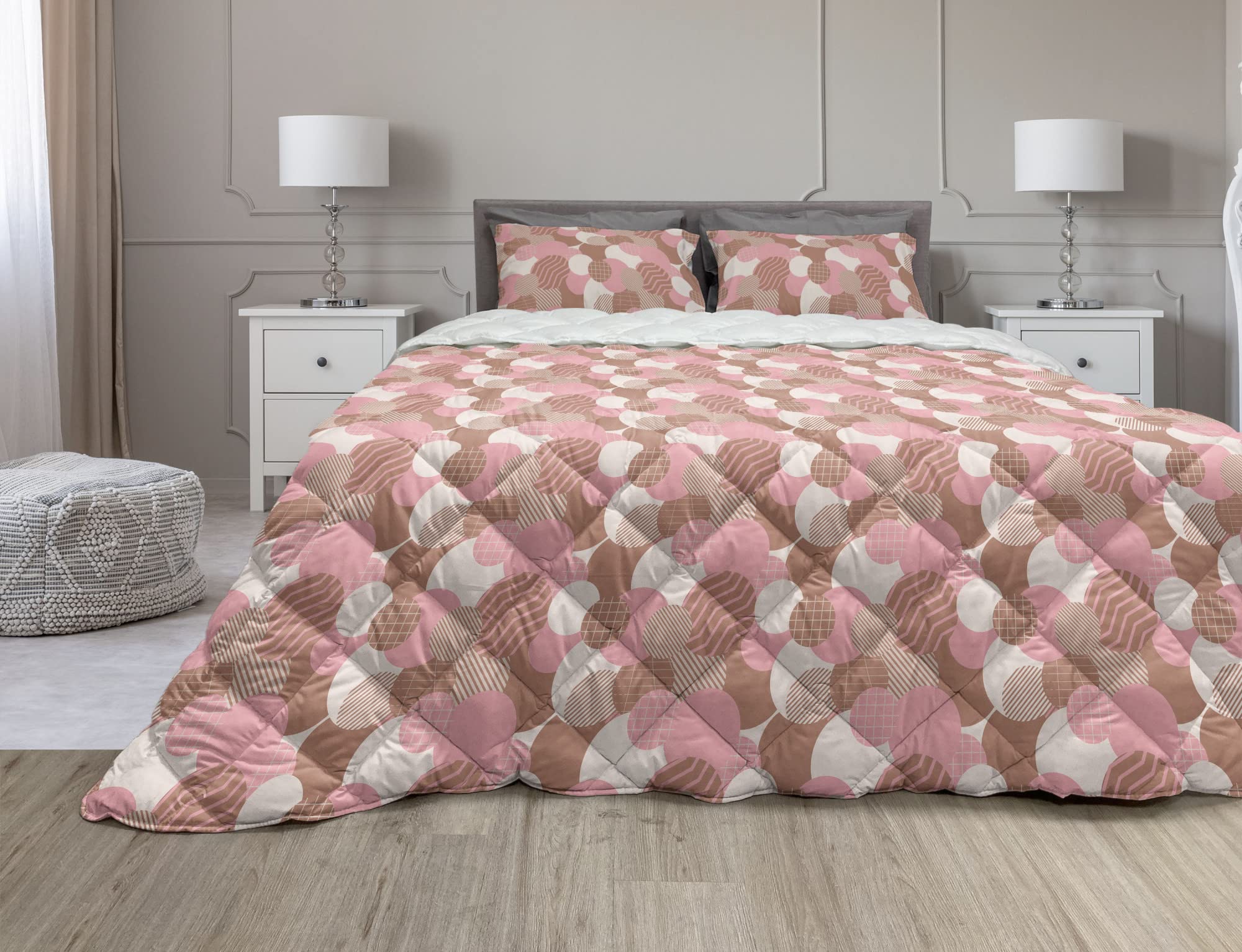Ambesonne Geometric Comforter Set King Size - 3 Piece Microfiber Duvet Cover with Sham, Modern Monochrome Pastel Circles Stripes & Squares Design in Pale Rust Pink | Soft Bedding for Master Bedroom, Guest Room & Dorm Decor