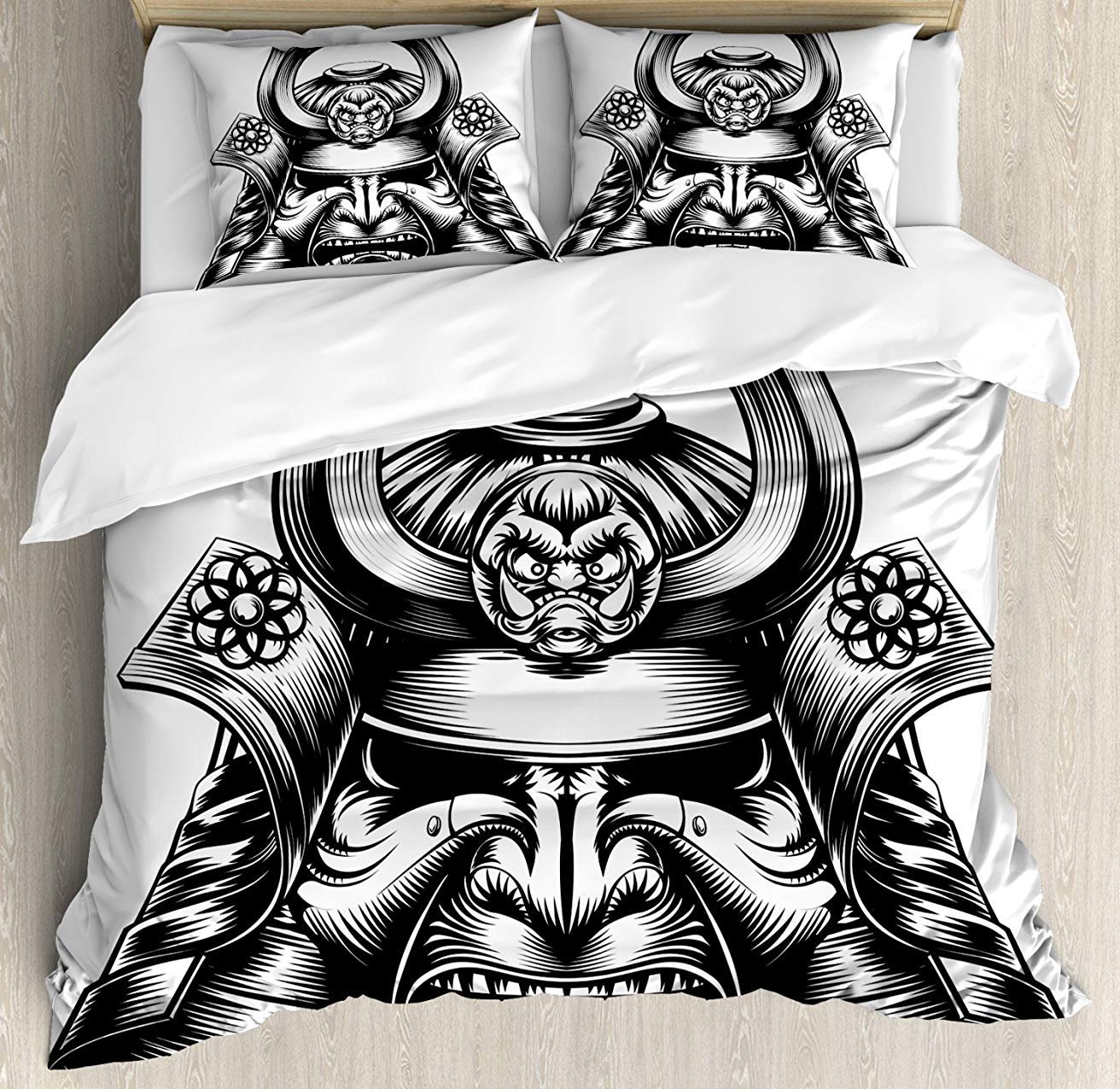 Japanese 3-Piece Twin Bedding Set - Vintage Oriental Demon Samurai Comforter Duvet Cover with 2 Decorative Pillowcases for Kids, Teens & Adults | Perfect for Themed Bedrooms, Anime Lovers & Unique Home Decor