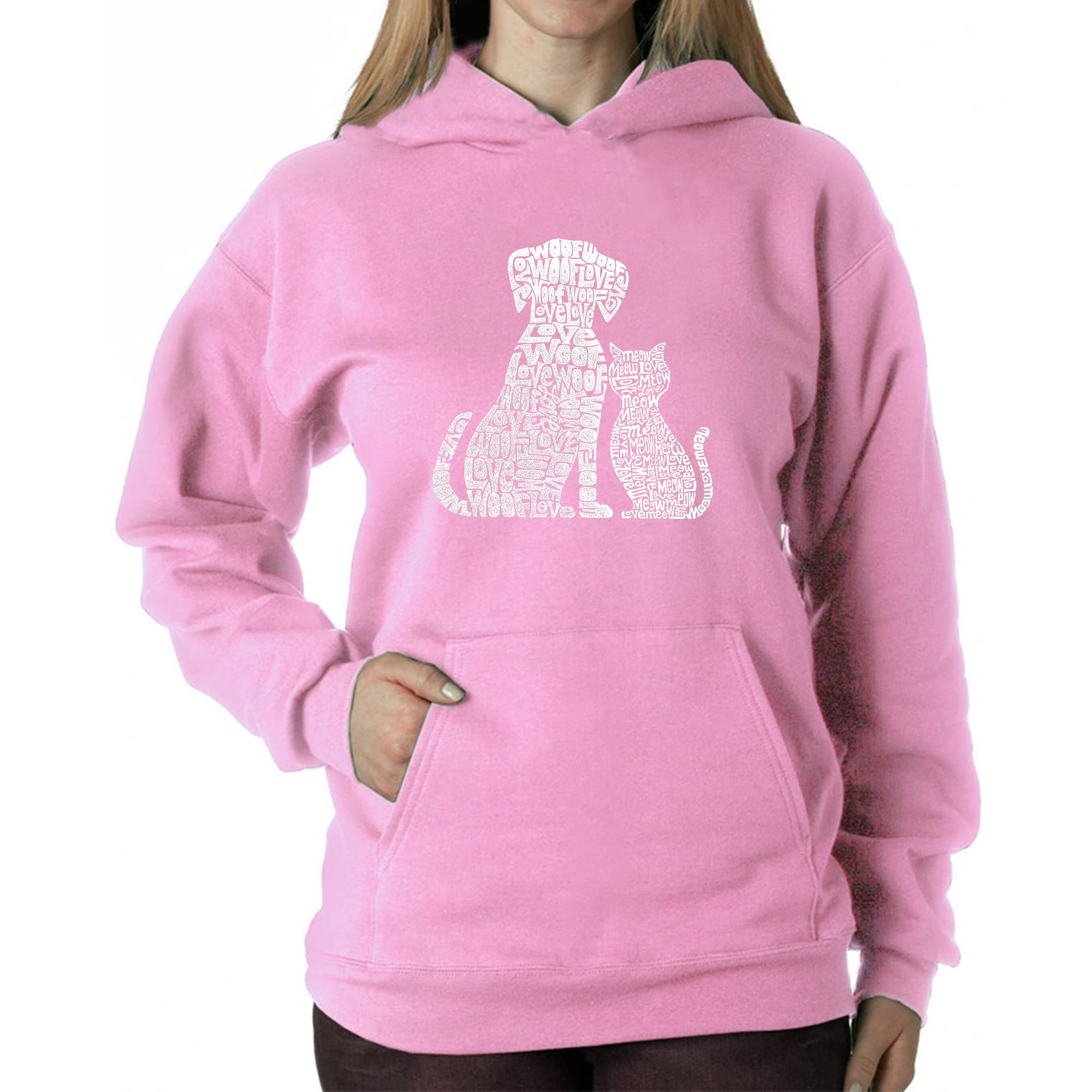 LA POP ART Women's Word Art Hooded Sweatshirt with Dog & Cat Design - Cozy Pullover for Pet Lovers, Casual Wear & Gifts