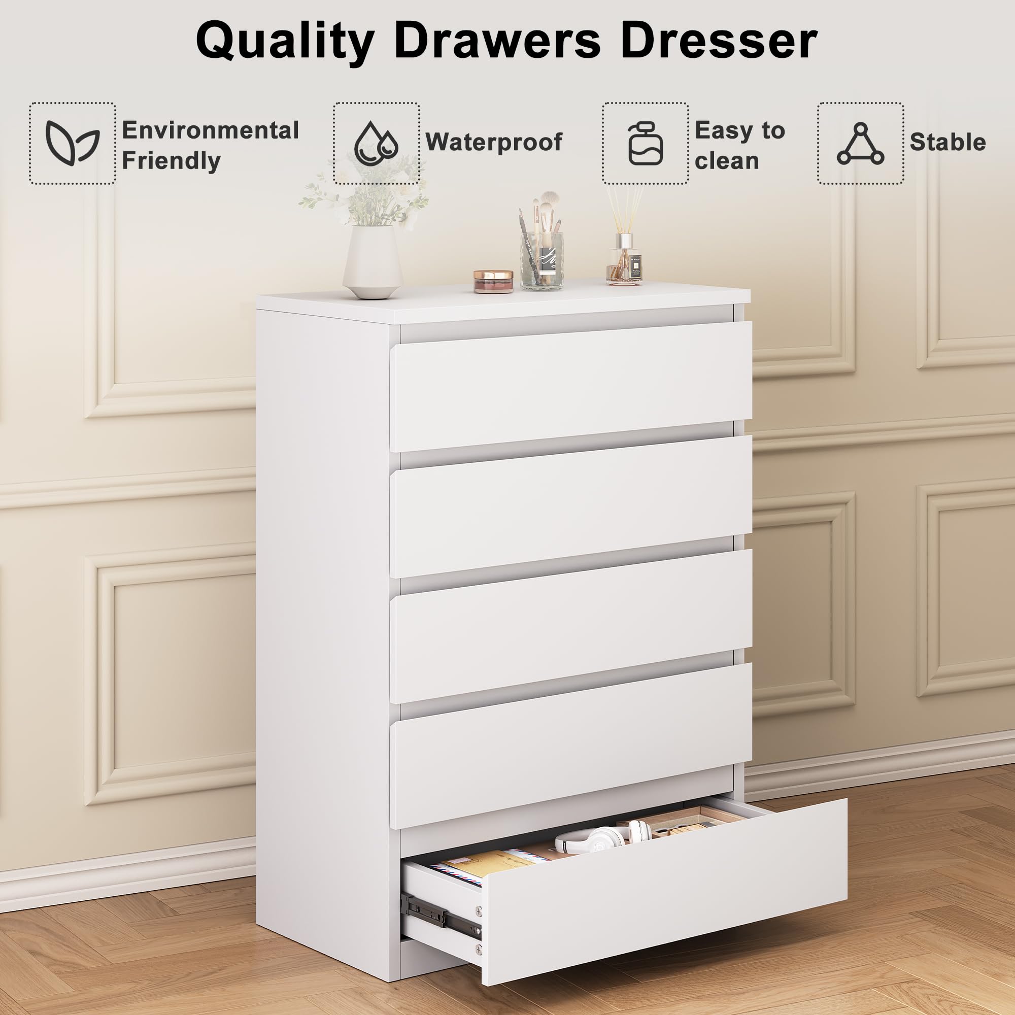5-Drawer White Dresser for Bedroom - Modern Wooden Storage Chest with Deep Drawers - Perfect for Bedroom, Living Room, Hallway & Entryway Organization