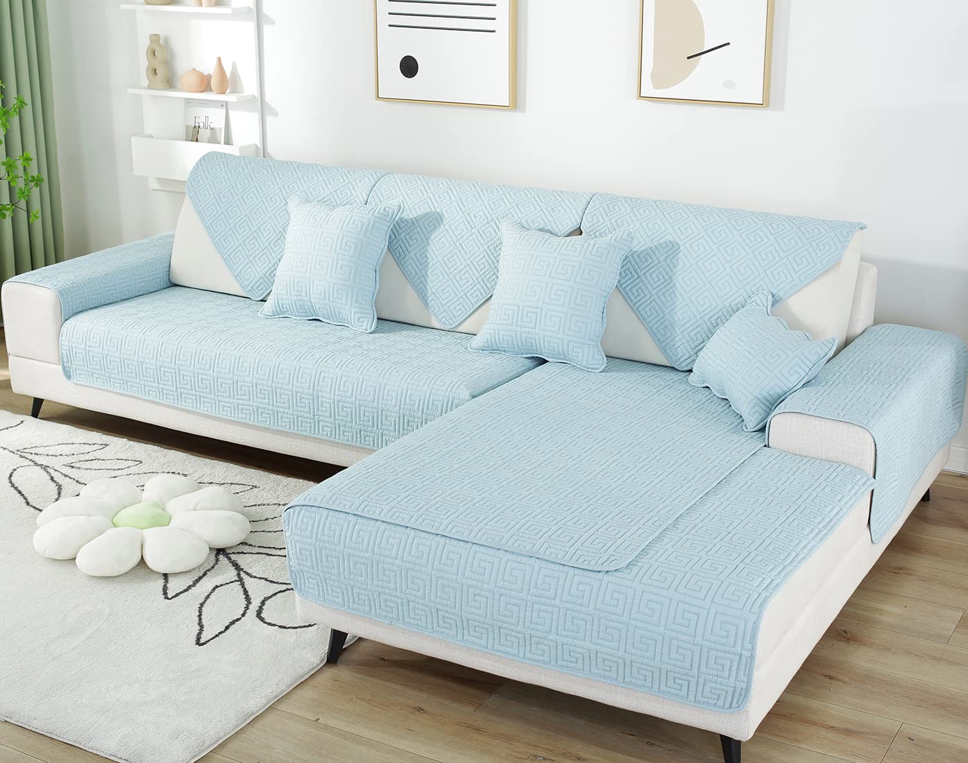 Geometric Embroidery Cotton Sofa Couch Cover - Non Slip Quilted Sectional Couch Protector - Farmhouse Solid Color Slipcover for Dogs, Children & Pets (Blue, 43