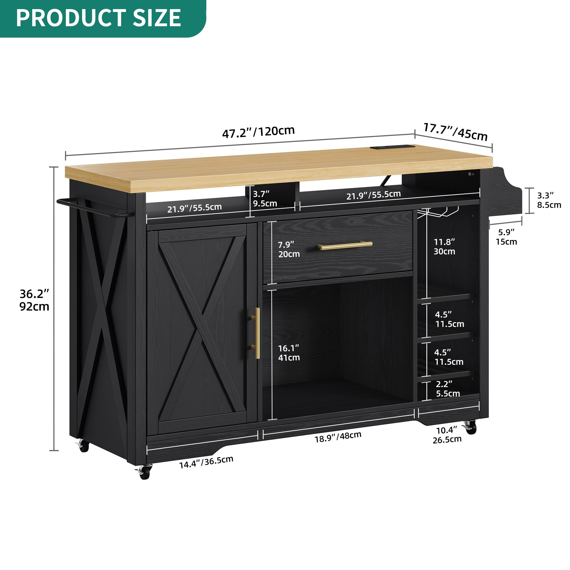 **YITAHOME 50-Inch Wide Black Kitchen Island with Power Outlet, Rolling Kitchen Cart with Wine Rack & Spice Rack, Mobile Storage Island with Glass Holder, Wheels for Easy Mobility – Perfect for Living Room, Kitchen, or Dining Area**