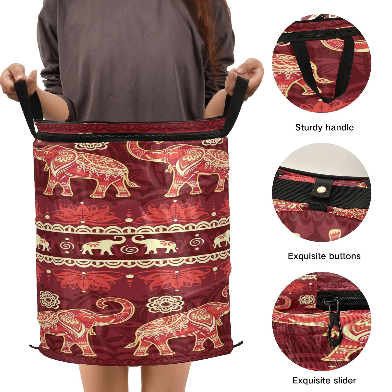 Foldable Tribal Elephant Pop-Up Laundry Hamper with Zipper Lid - Portable Clothes Basket for Bedroom, Kids Room & Dorm - Perfect for Travel, Camping & Small Spaces