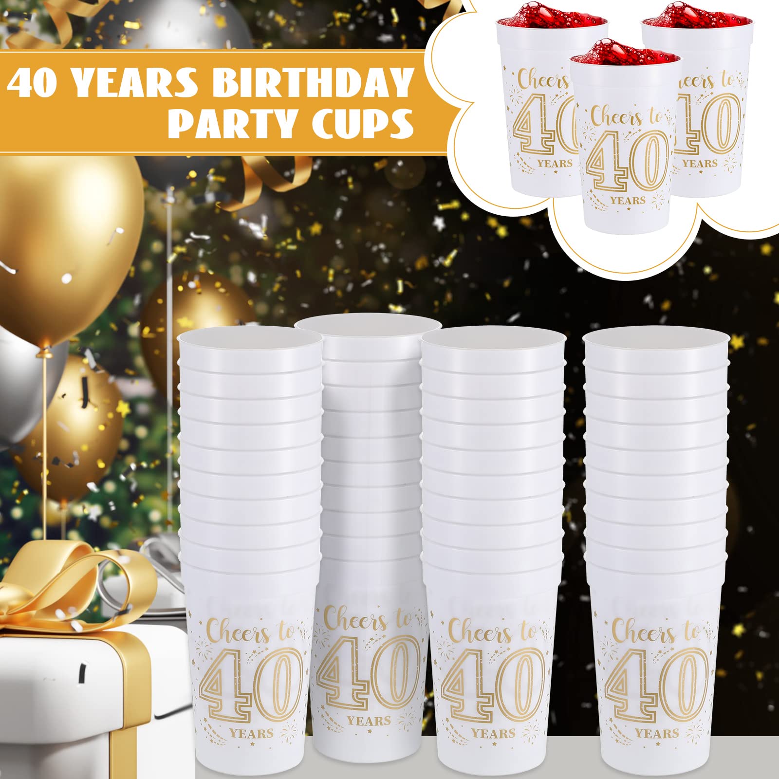 Lallisa 40 Pcs 16 oz Gold & White Plastic Stadium Cups - 40th Birthday Party Decorations & Favors for Cheers to 40 Years Celebration - Perfect for Birthday Parties, BBQs, and Outdoor Events